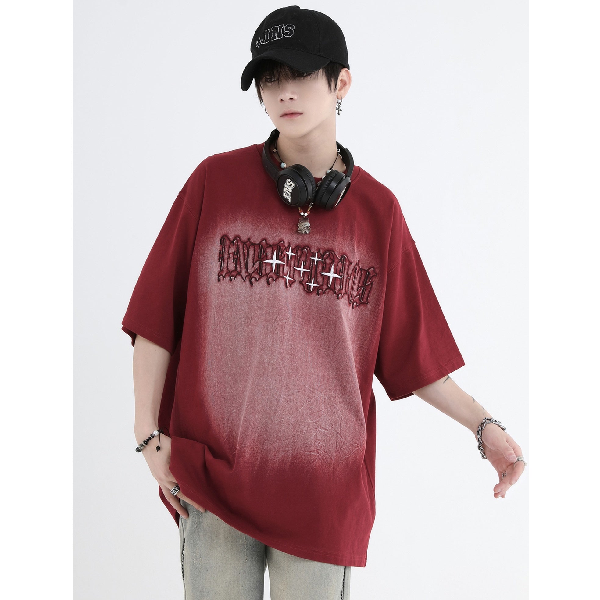 Gothic Font Embroidery LOGO Wash T-Shirt IN7011