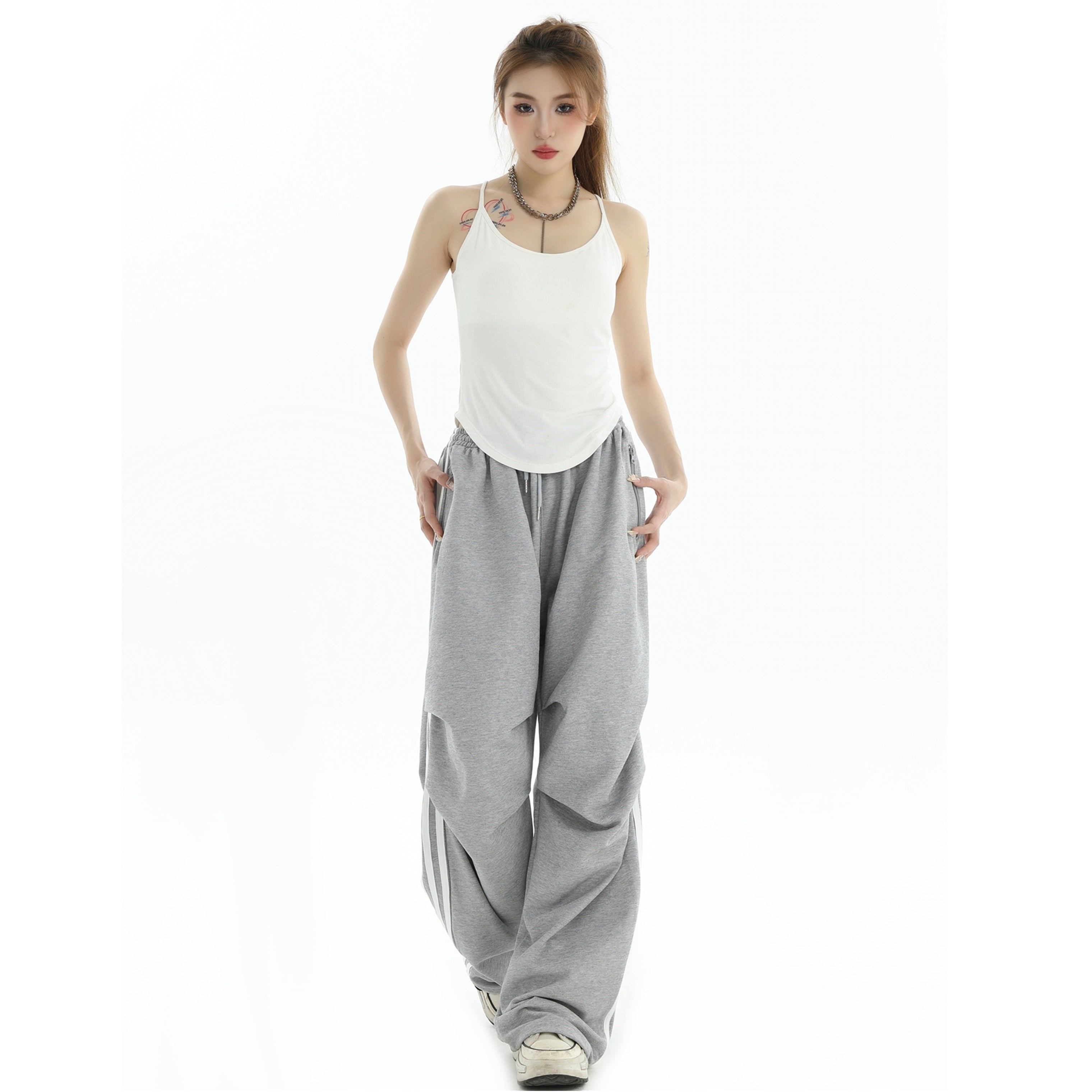 Pleated Three-Bar Loose Track Pants IN7002