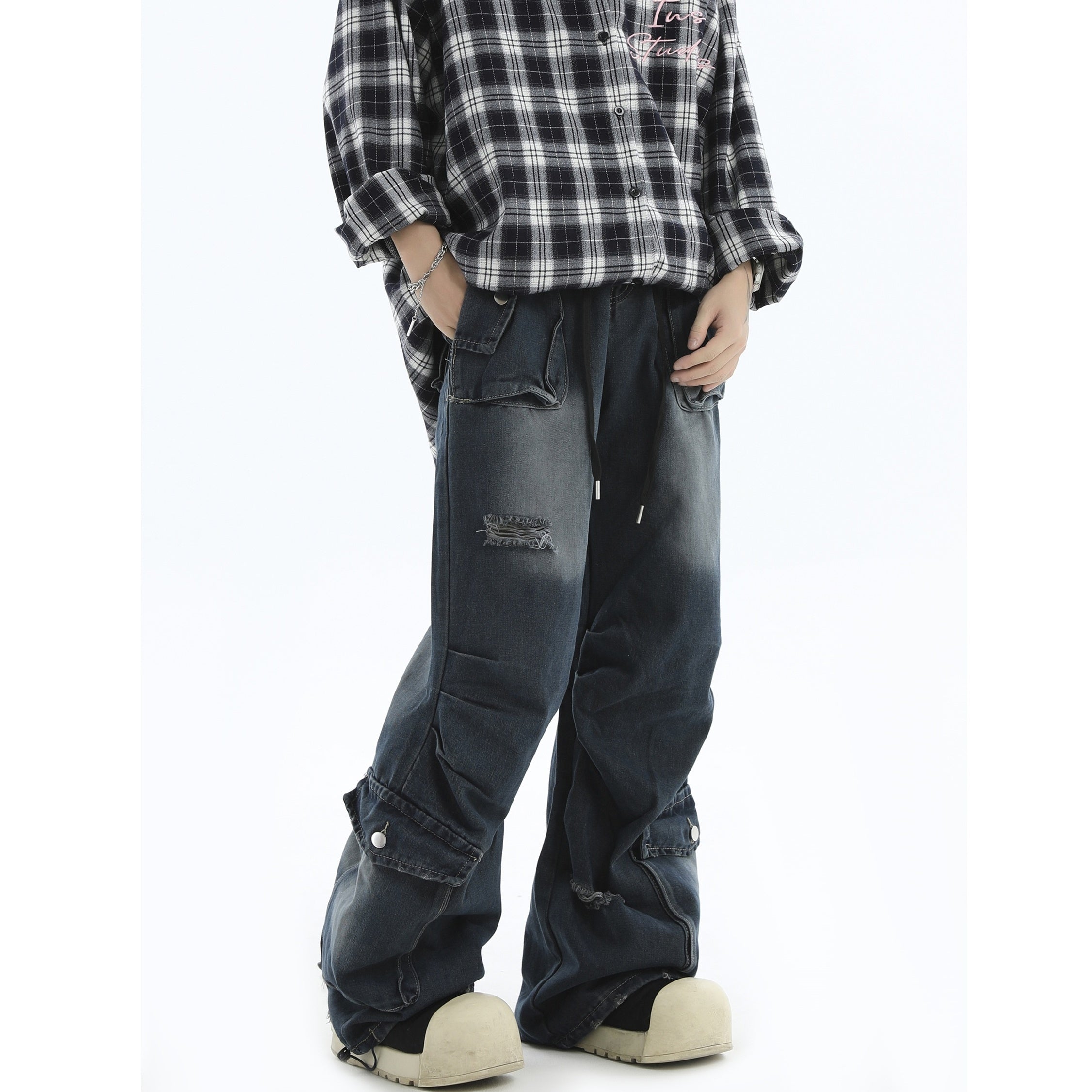 Pleated Washed Loose Straight Work Jeans IN7053