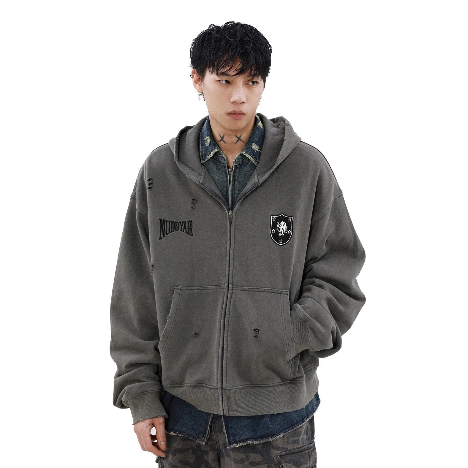 Street Distressed Sweat Zip-Up Hooded Parka MB7189