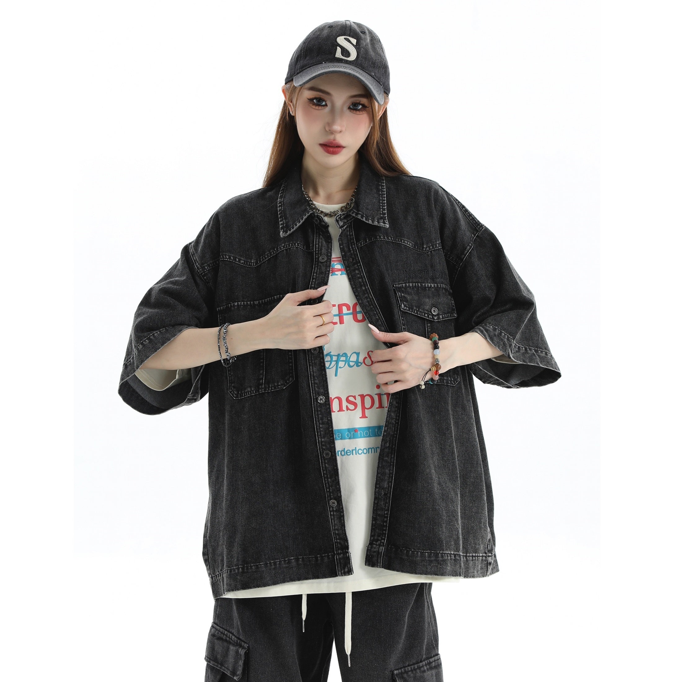 Embroidered Logo Loose Wash Denim Shirt IN7027