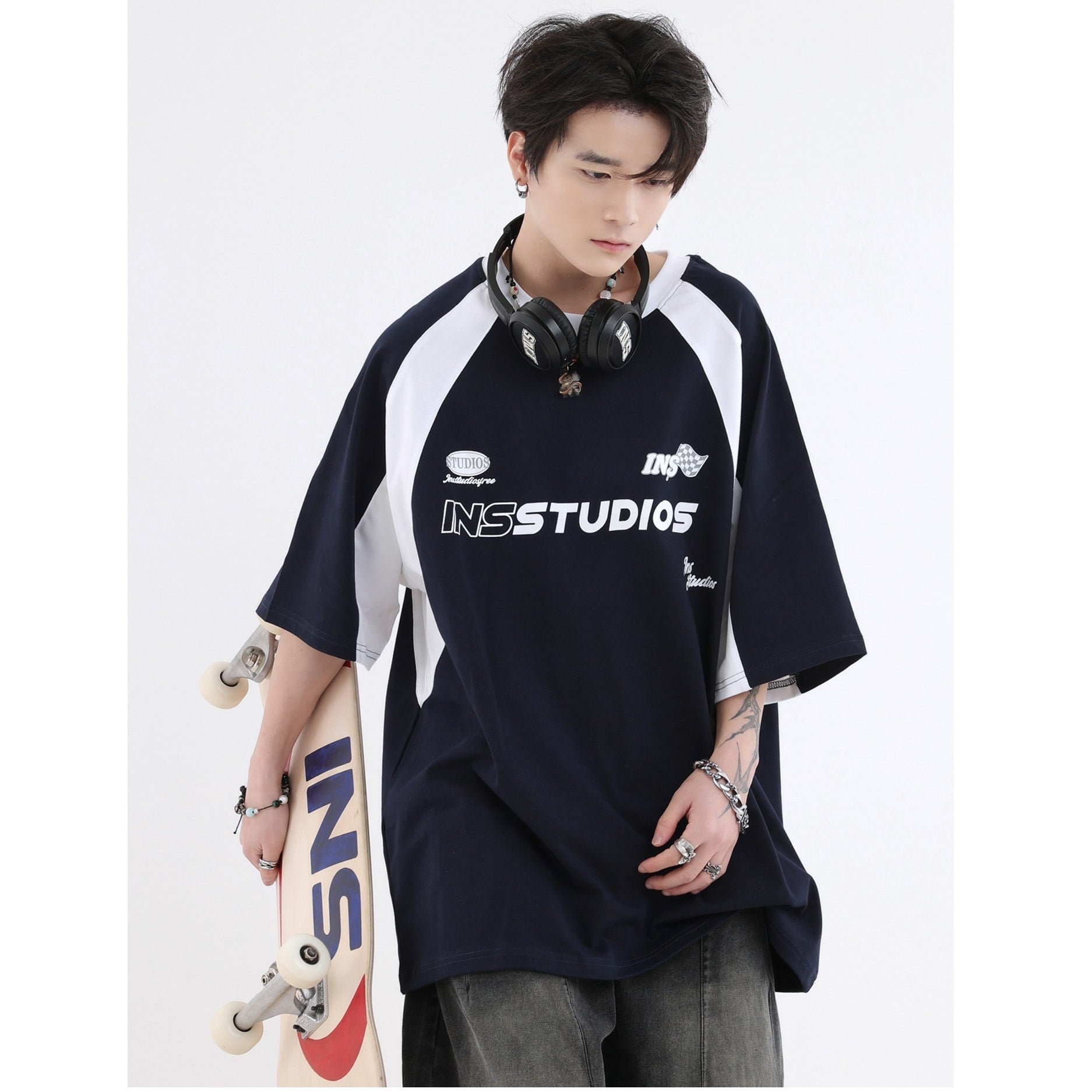 Contrast Color Raglan Sleeve Racing Design T-shirt IN7006