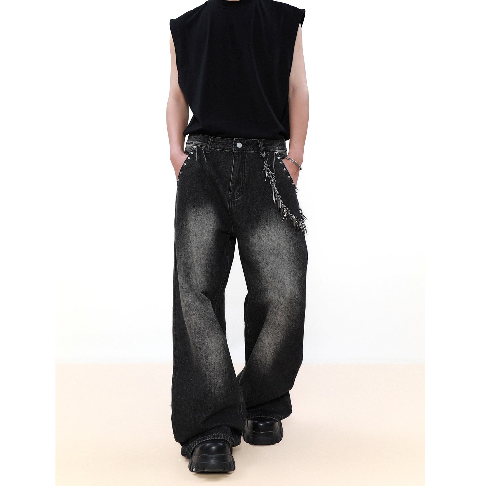 Retro Washed Rivet Design Wide-leg Jeans MB7047