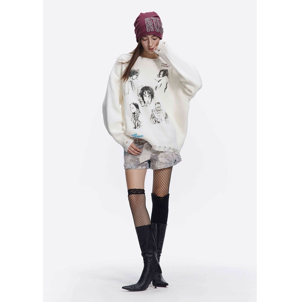 Sketch Print Design Loose Damage Sweater MB7205