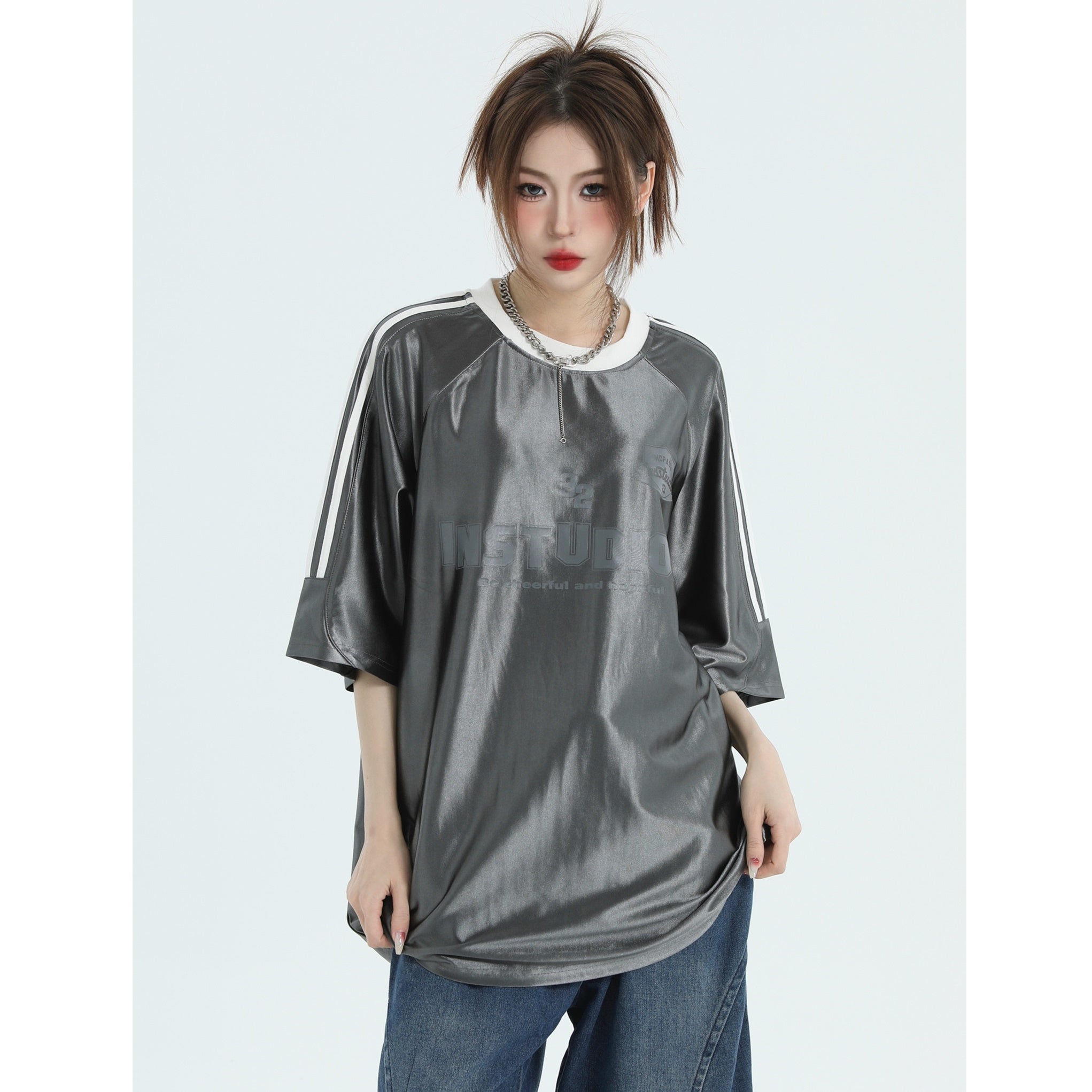 Glossy Three-Bar Raglan Striped T-Shirt IN7015