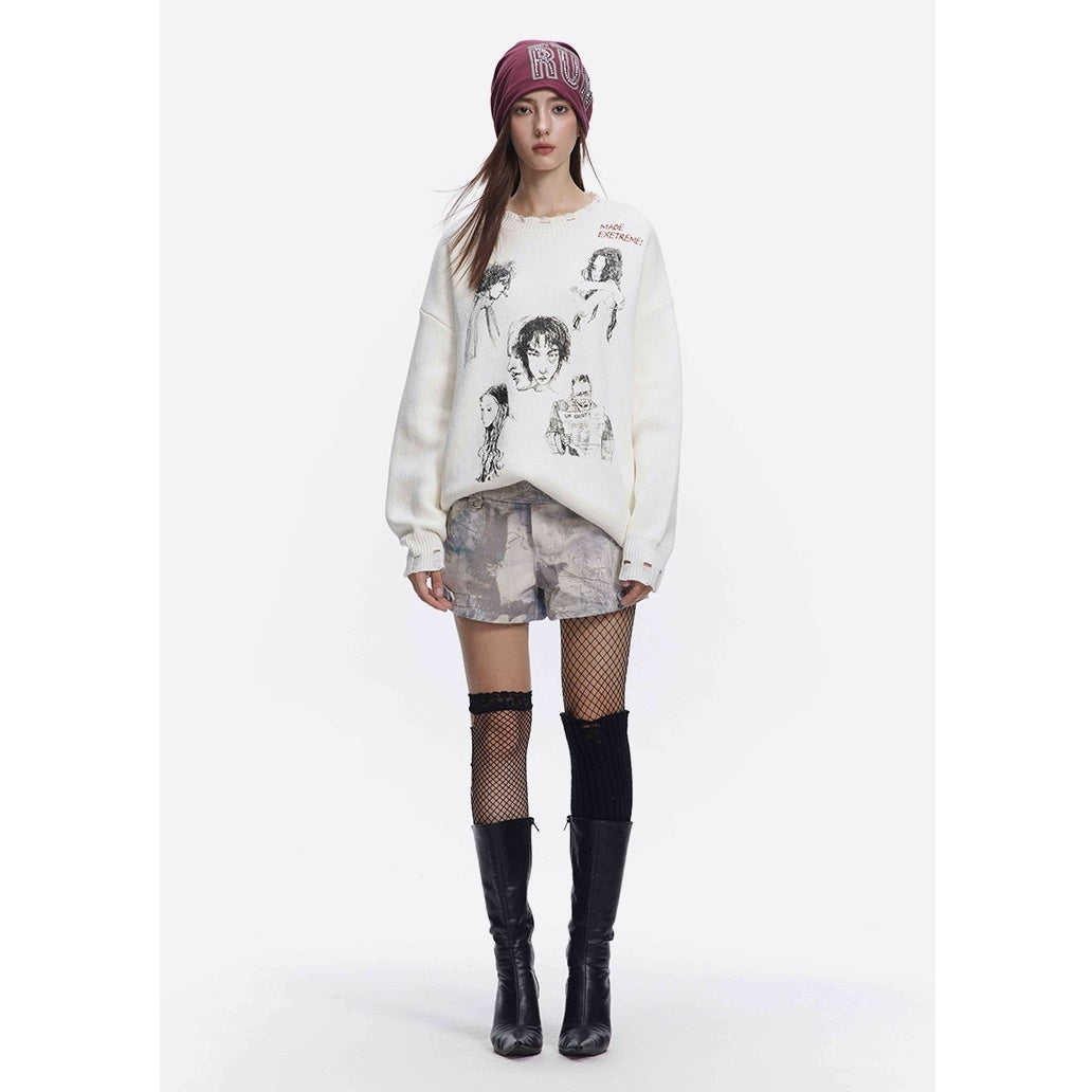 Sketch Print Design Loose Damage Sweater MB7205