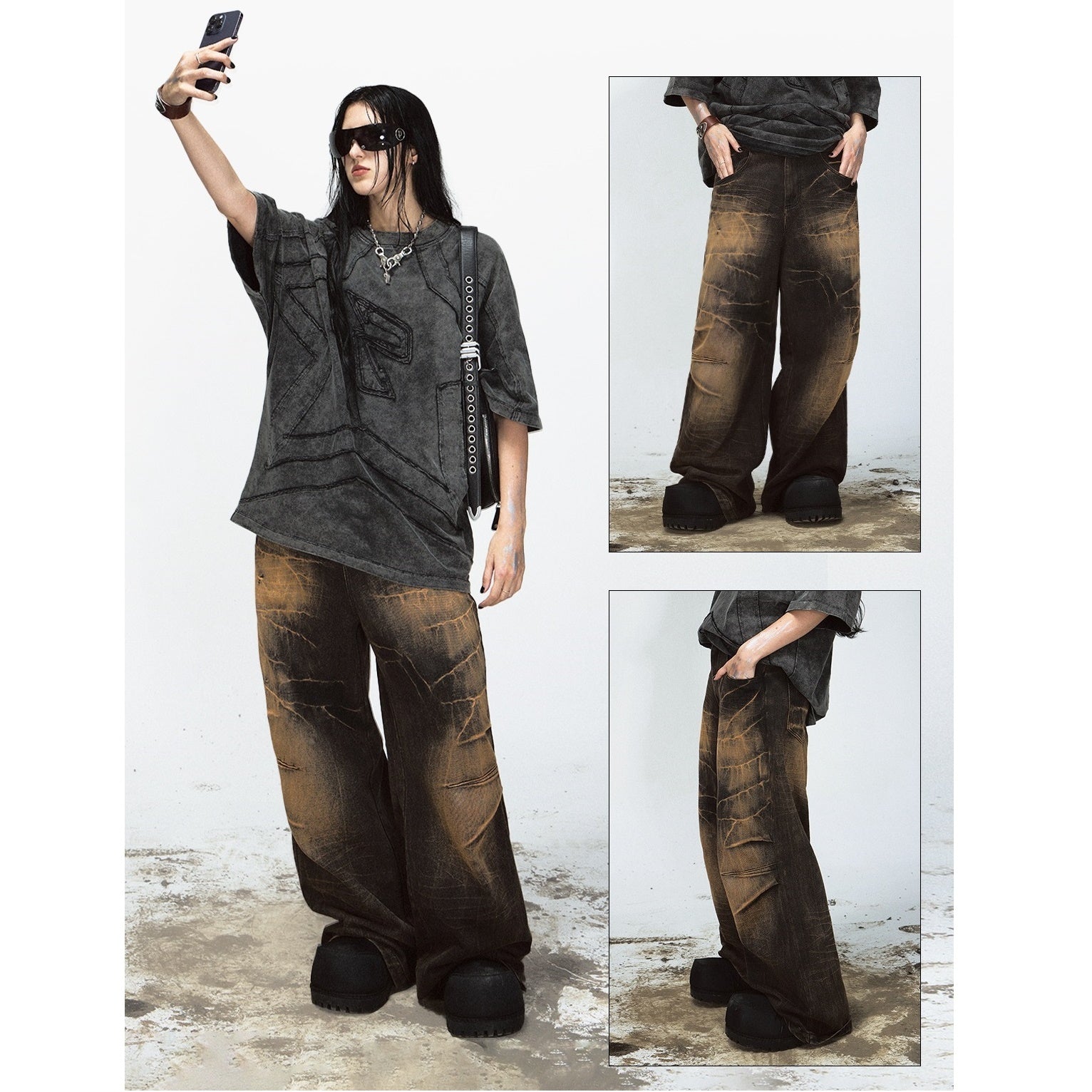 Yellow Mud Dyed Lightning Crack Wide-leg Jeans MB7026