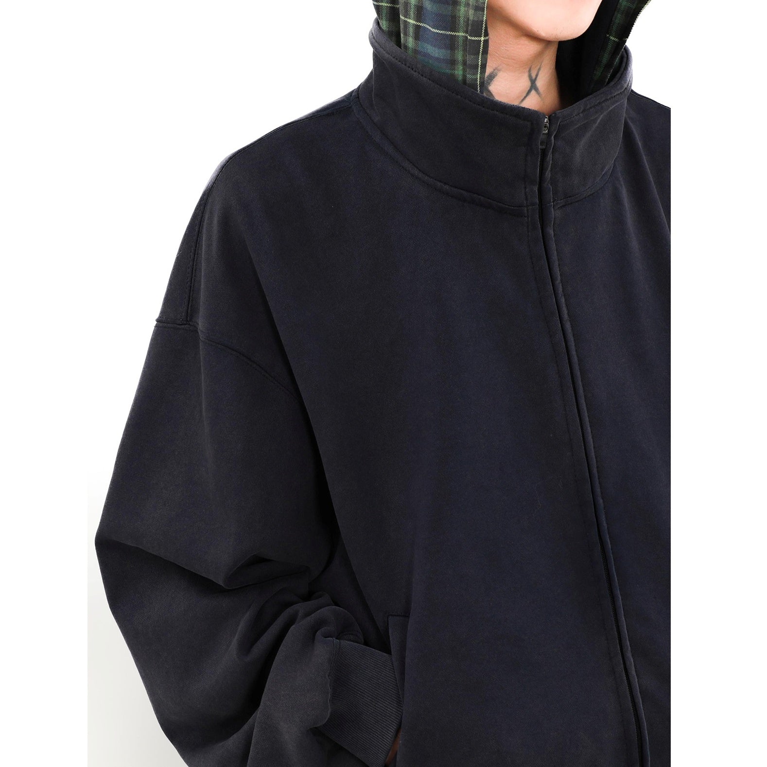 Check Hooded Stand Collar ZIP-Up Parka MB7234