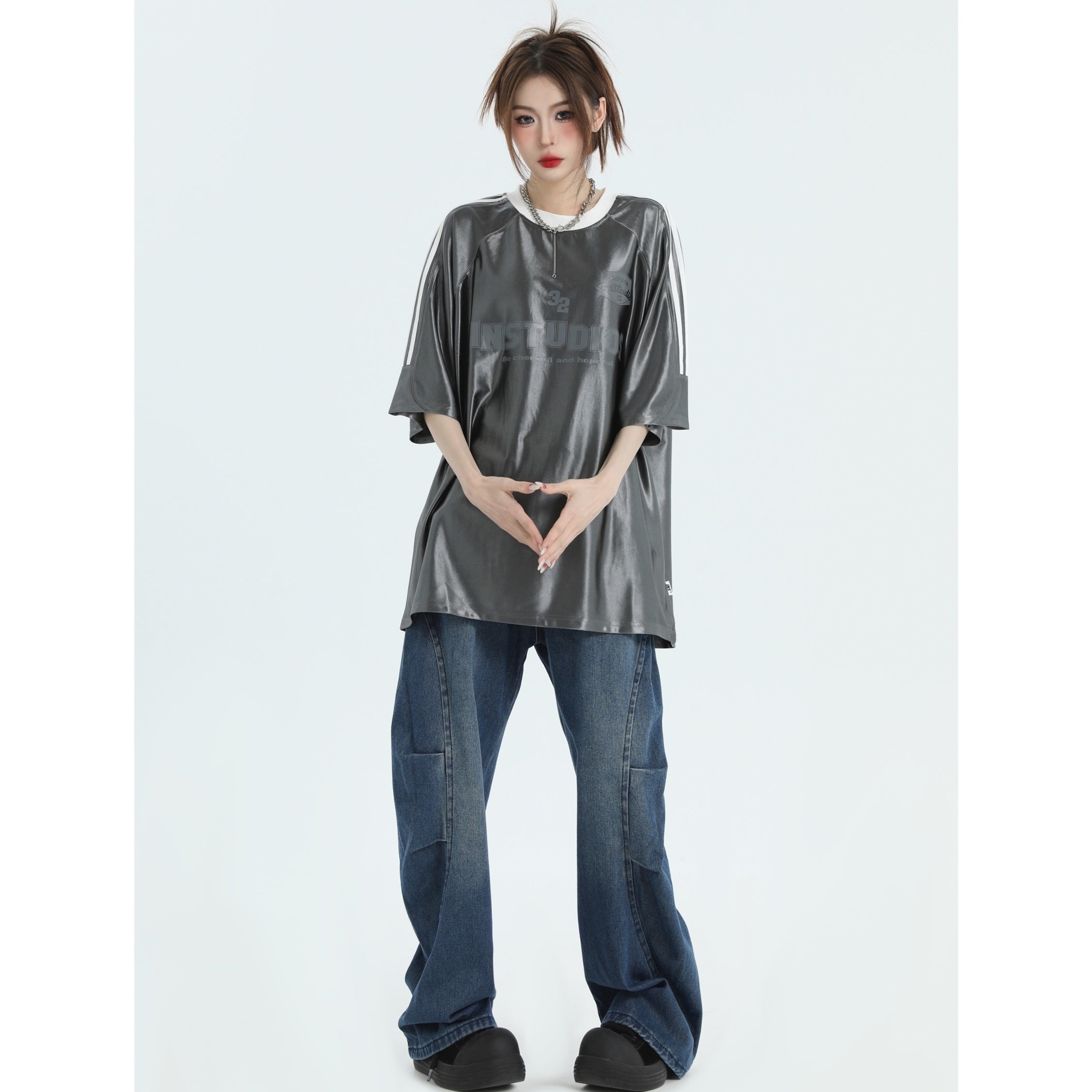 Glossy Three-Bar Raglan Striped T-Shirt IN7015