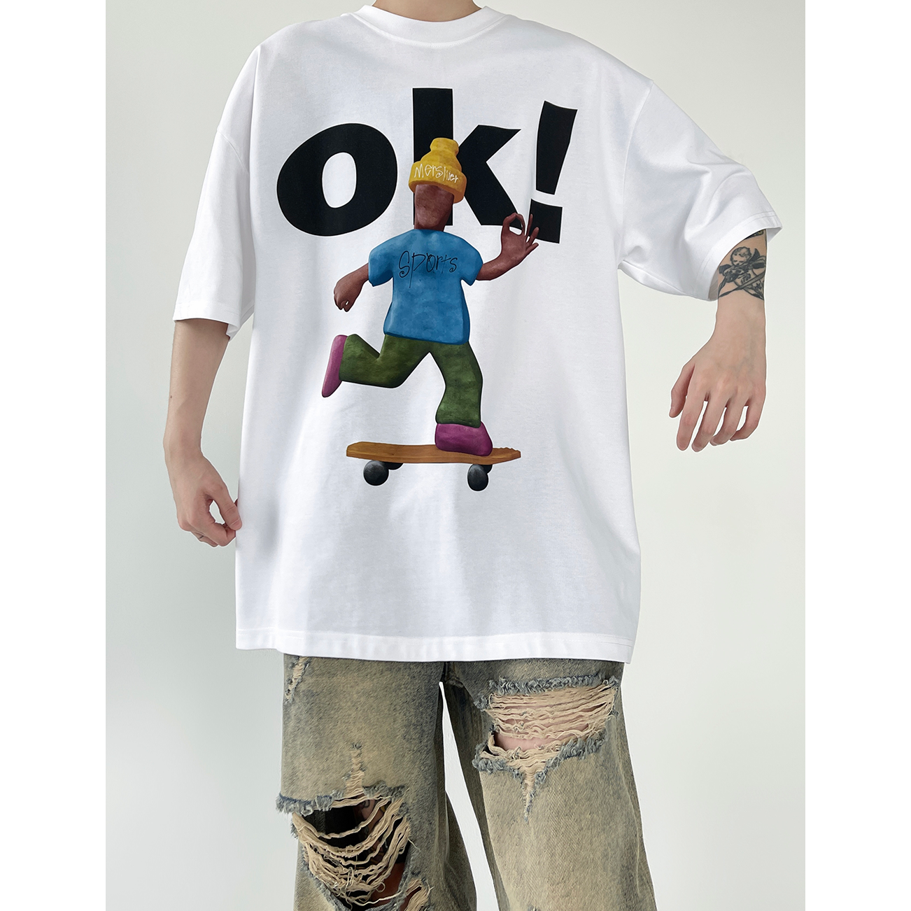 Skateboard Cartoon Print Loose T-Shirt EAT017