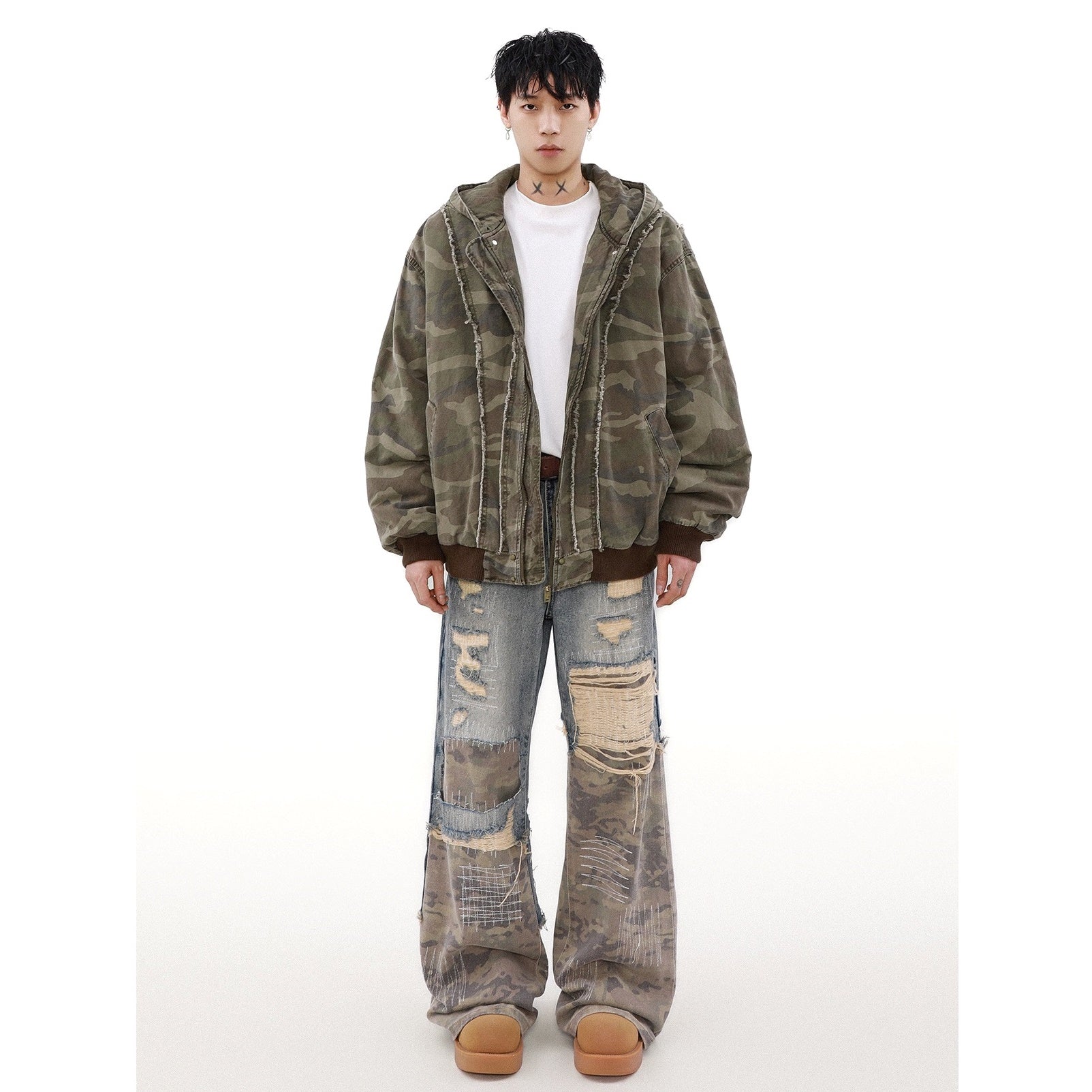 Washed Distressed Camouflage Flight Hooded Jacket MB7196