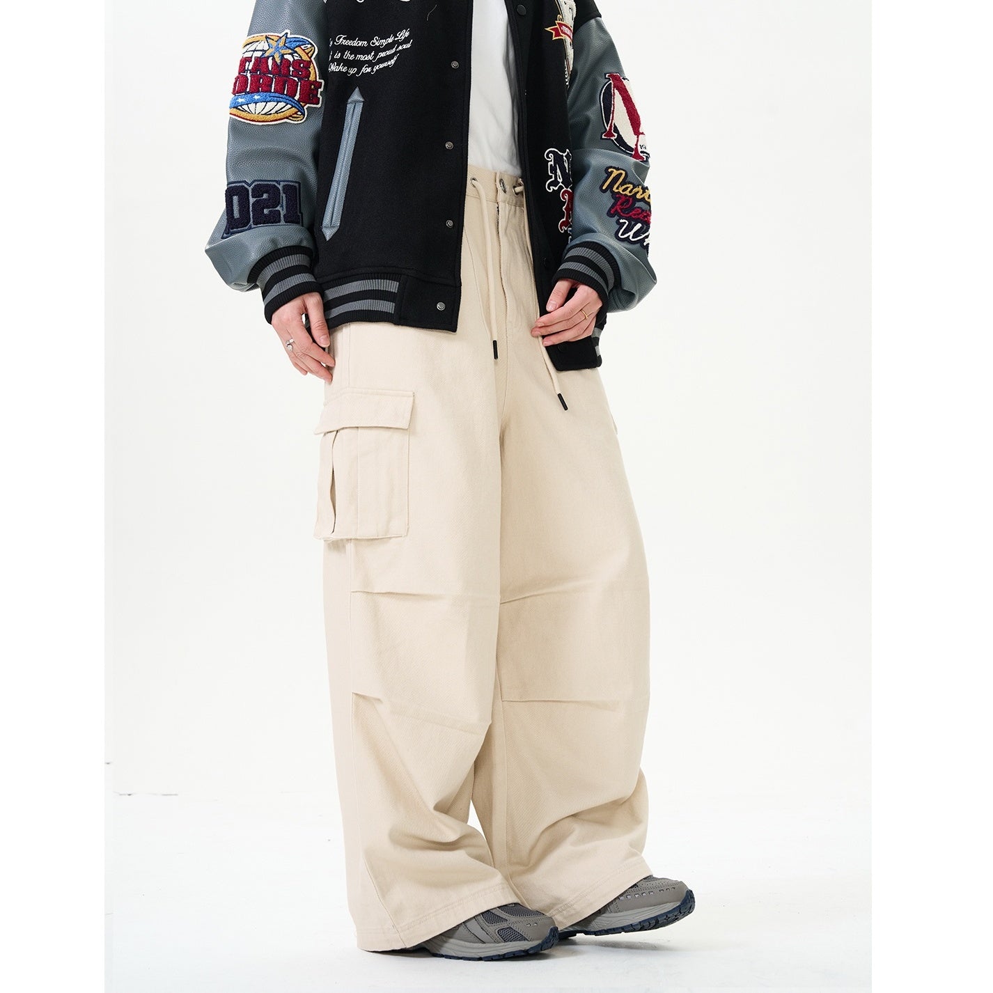 Double-pleated Wide-leg Cargo Pants NA7005