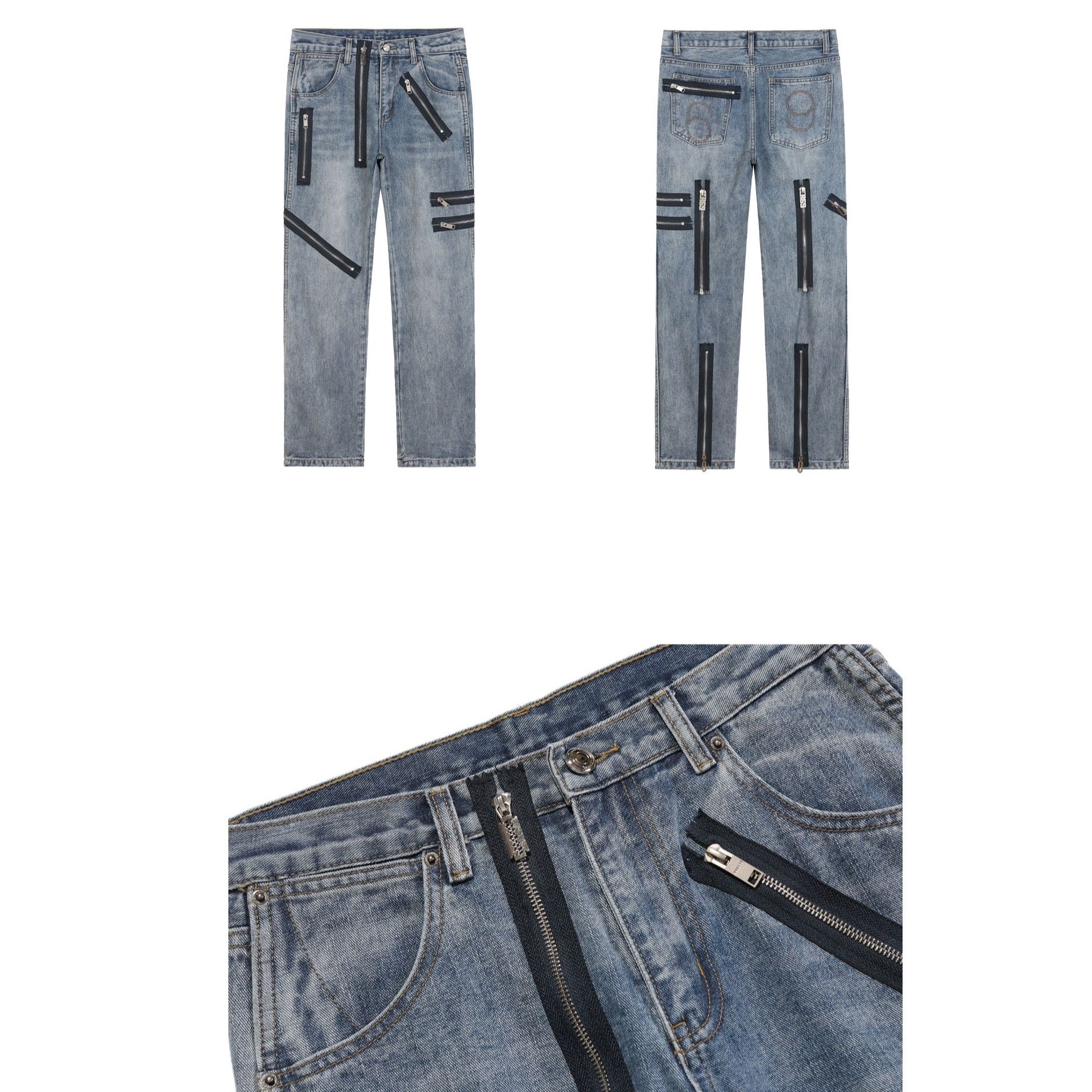 Multi-zip Wash Straight Jeans R9001