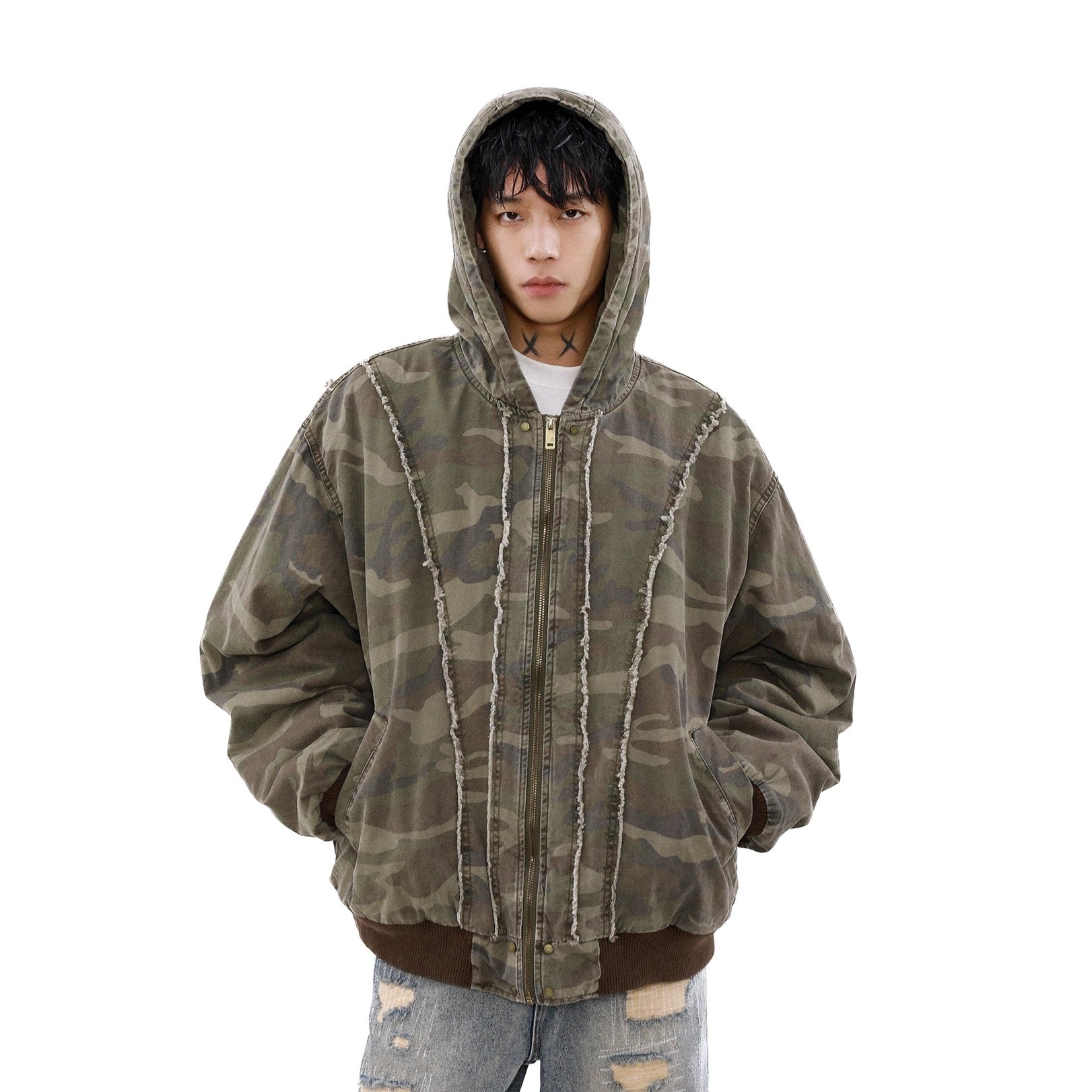 Washed Distressed Camouflage Flight Hooded Jacket MB7196