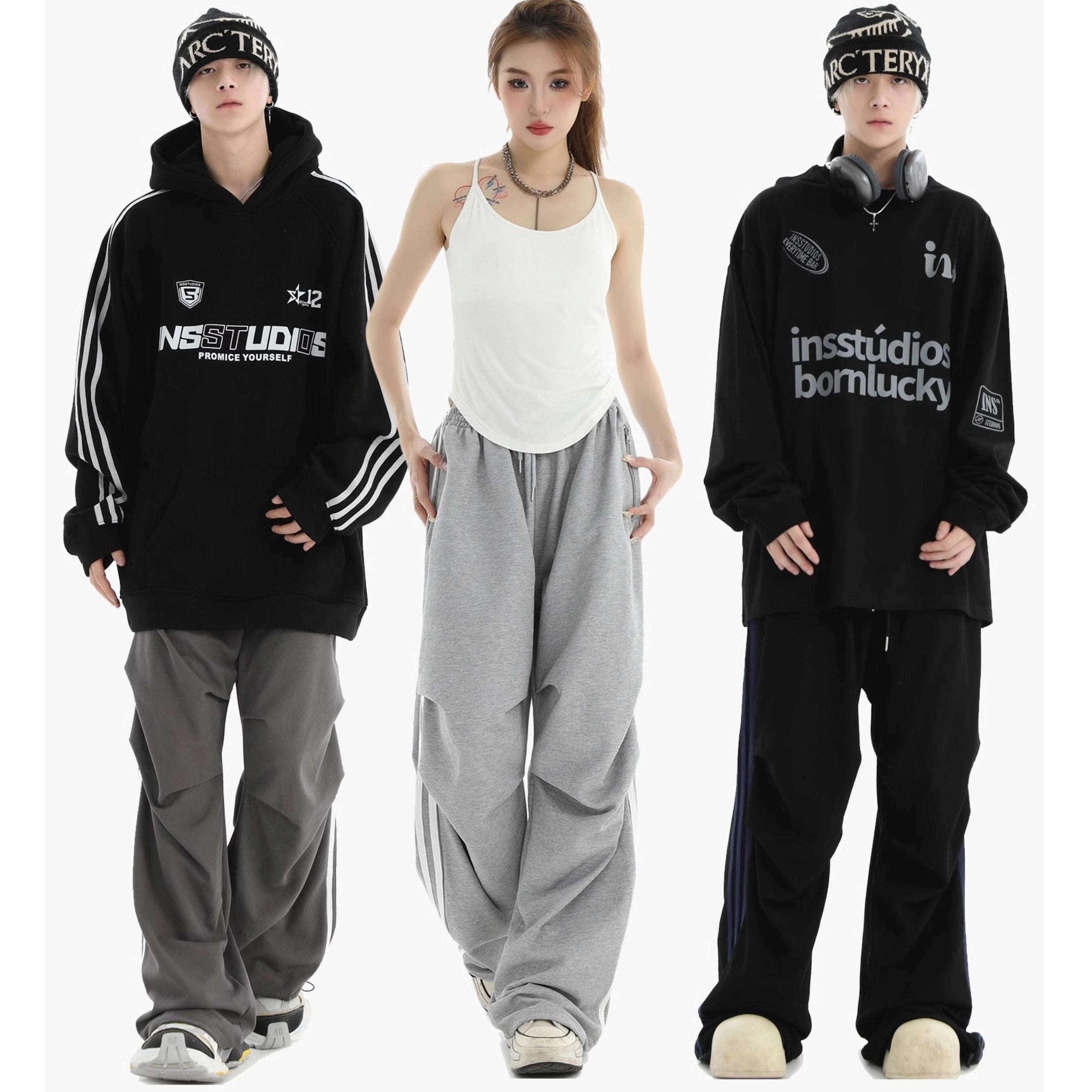 Pleated Three-Bar Loose Track Pants IN7002