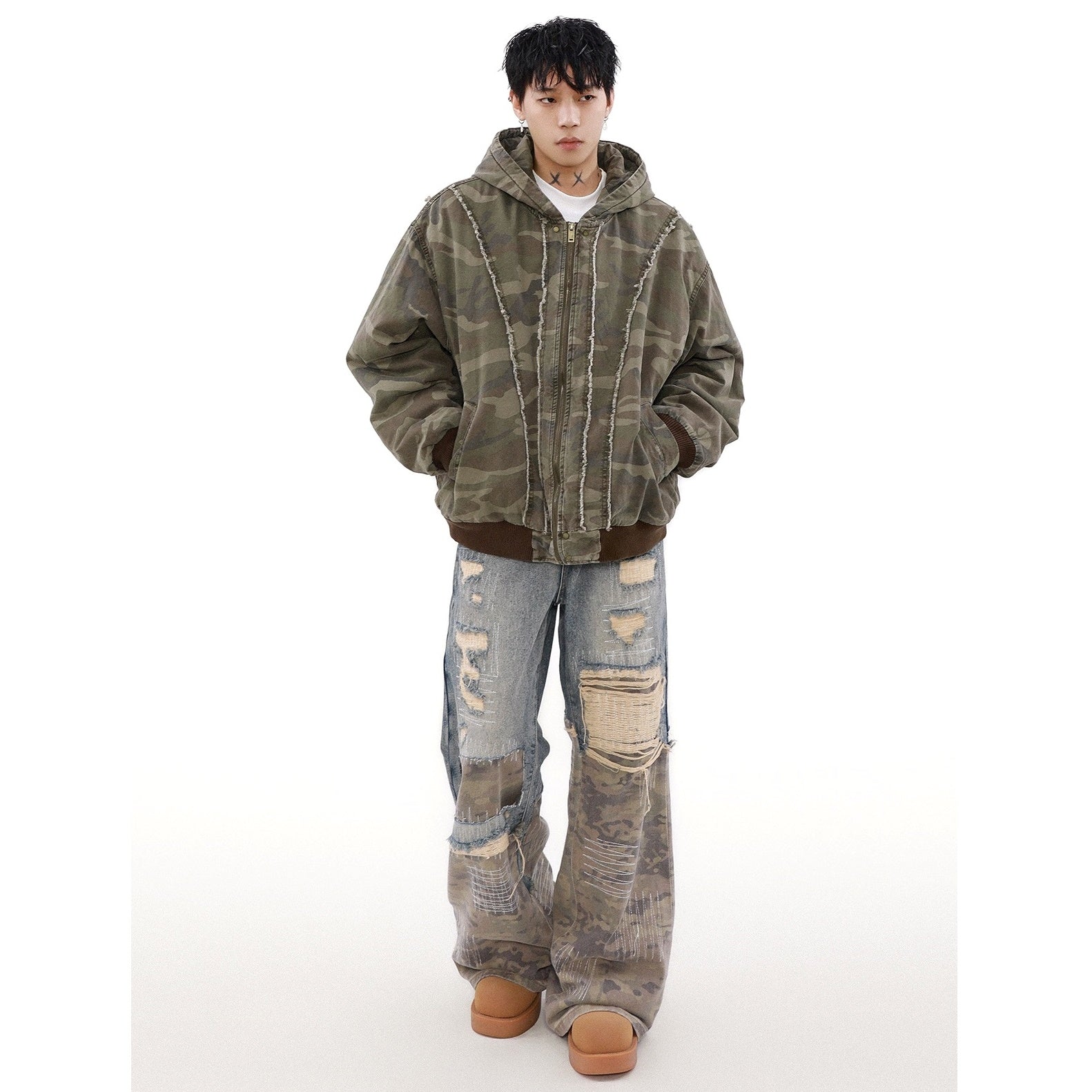 Washed Distressed Camouflage Flight Hooded Jacket MB7196