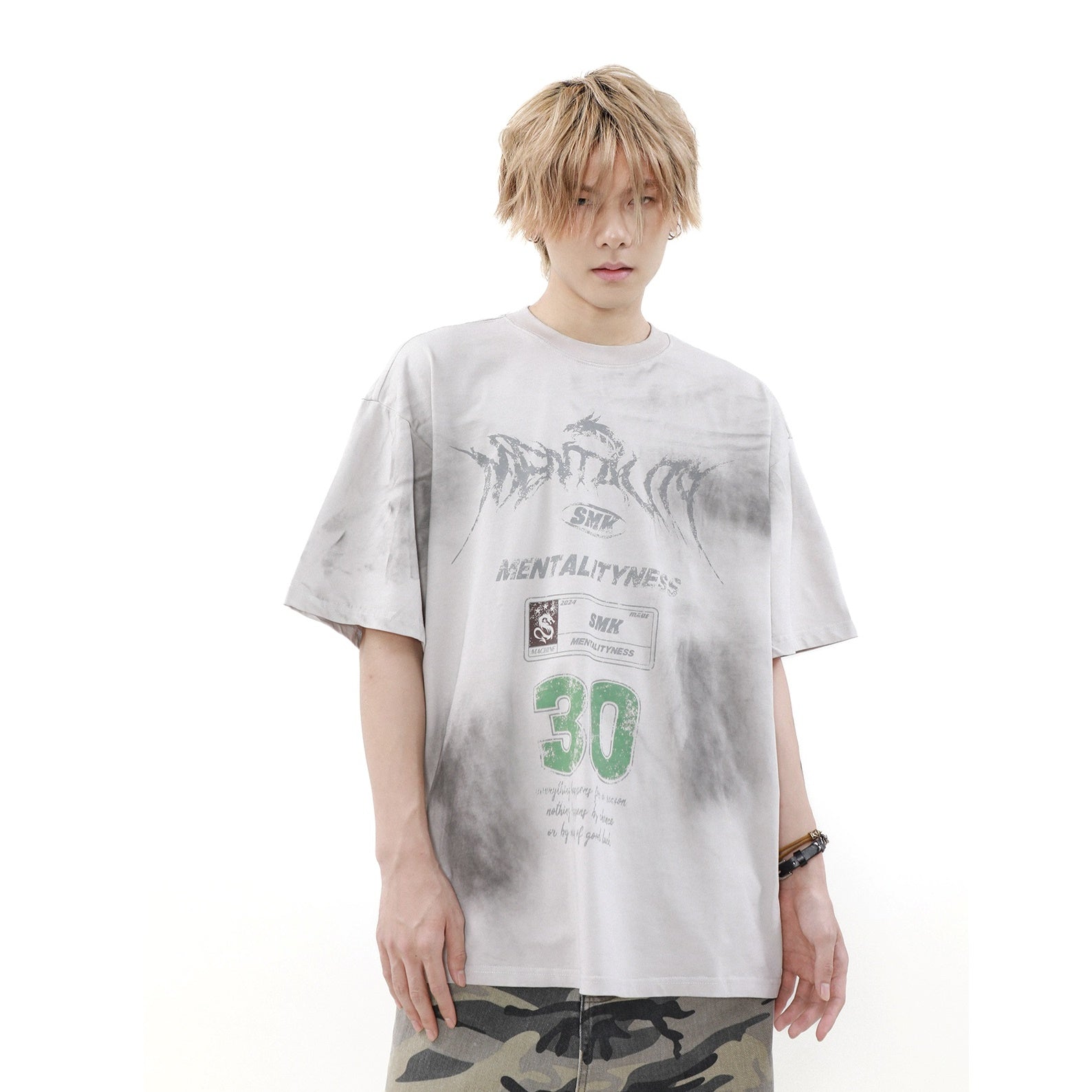 Washed Distressed Letter Print T-Shirt MR035