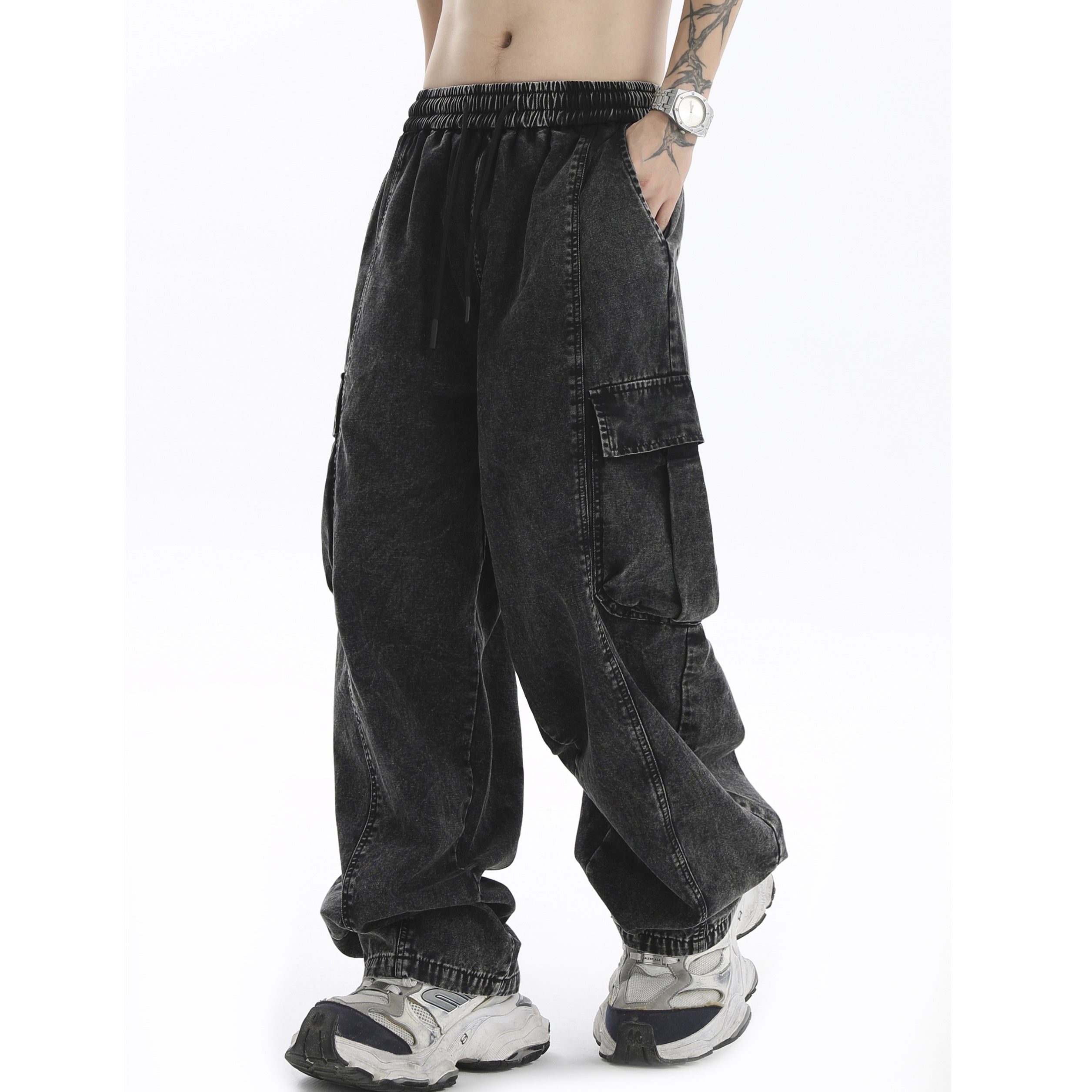 Wash Loose Wide Leg Drawstring Cargo Jeans IN7018