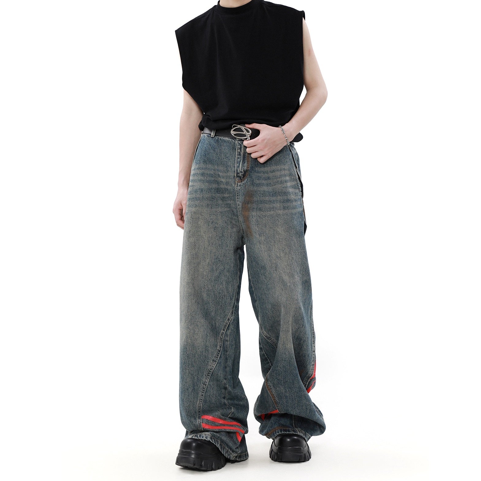 Line Panelled Contrast-wash Loose Straight Jeans MR039