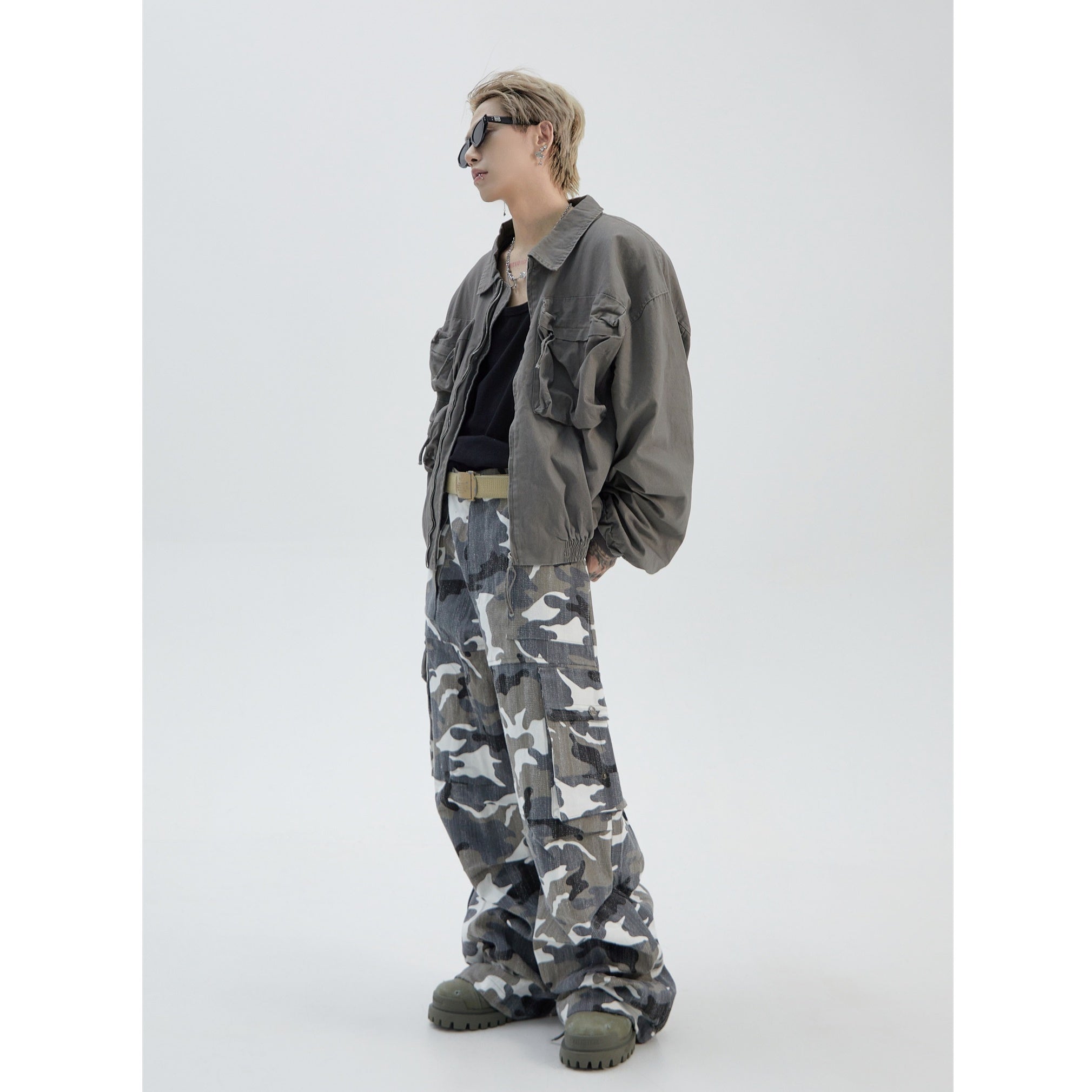 Distressed Wide-leg Camouflage Cargo Pants MB7019