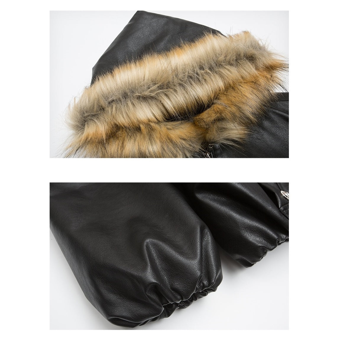 Fur Collar PU Leather Loose Hooded Jacket MB7299