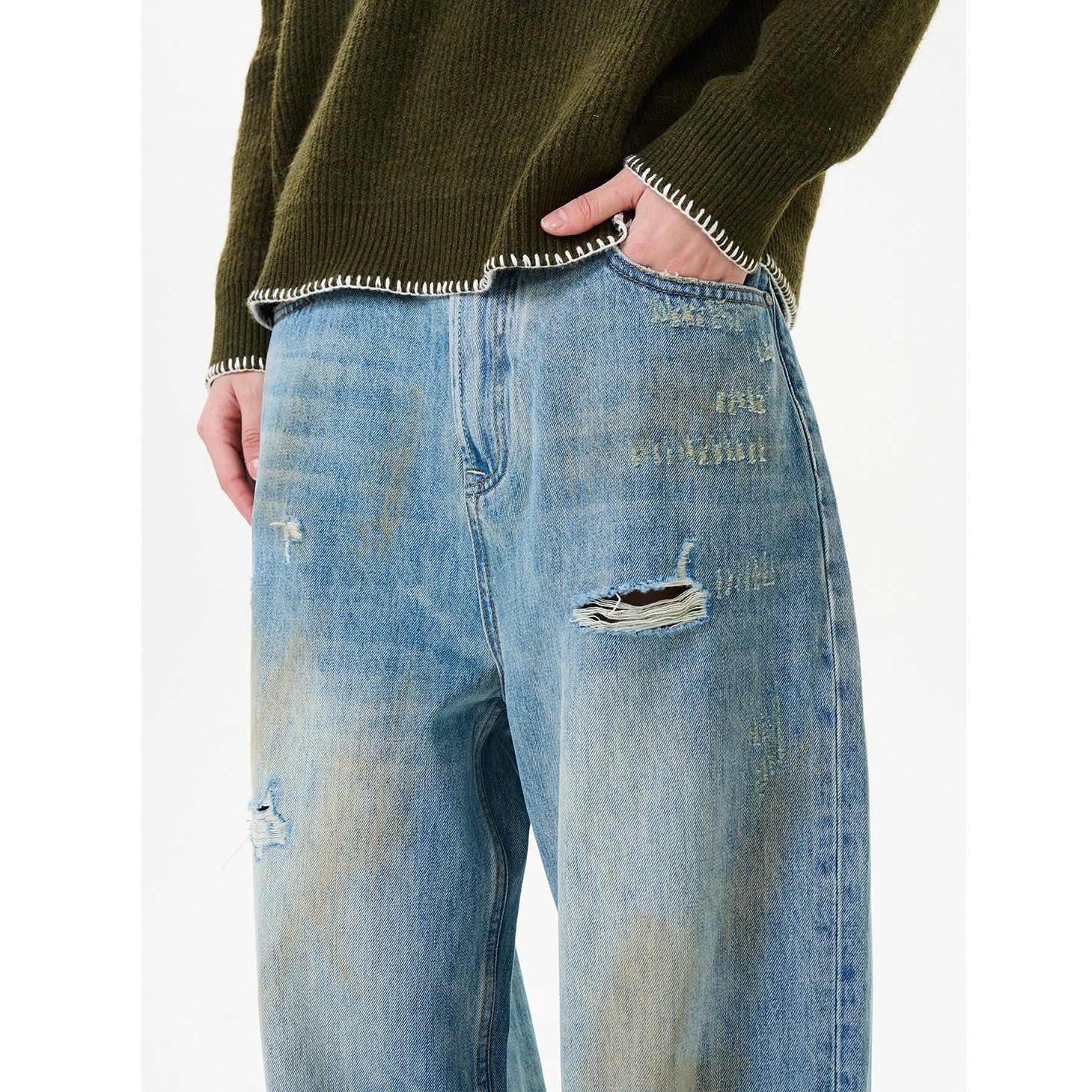 Yellow Mud Raw Rimmed Ripped Jeans NR7002