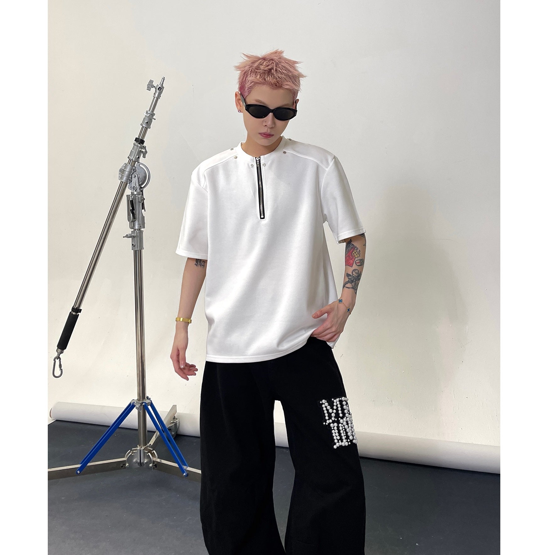 Half Zipper Rivet Design T-Shirt EAT140
