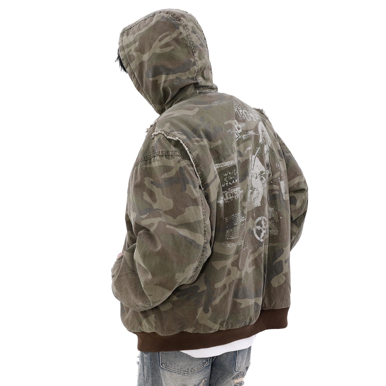 Washed Distressed Camouflage Flight Hooded Jacket MB7196