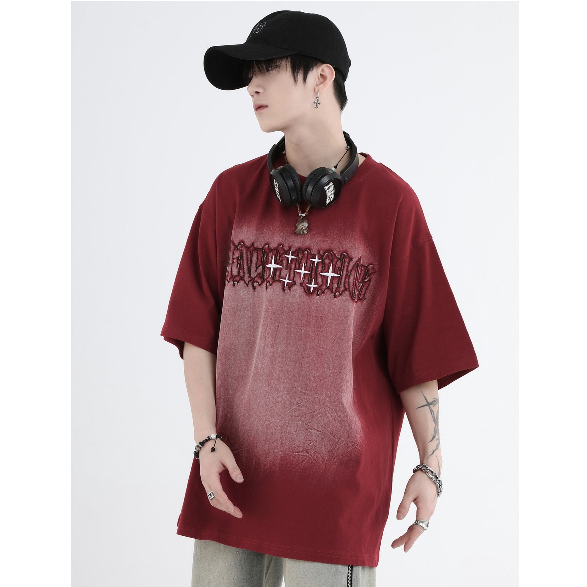 Gothic Font Embroidery LOGO Wash T-Shirt IN7011