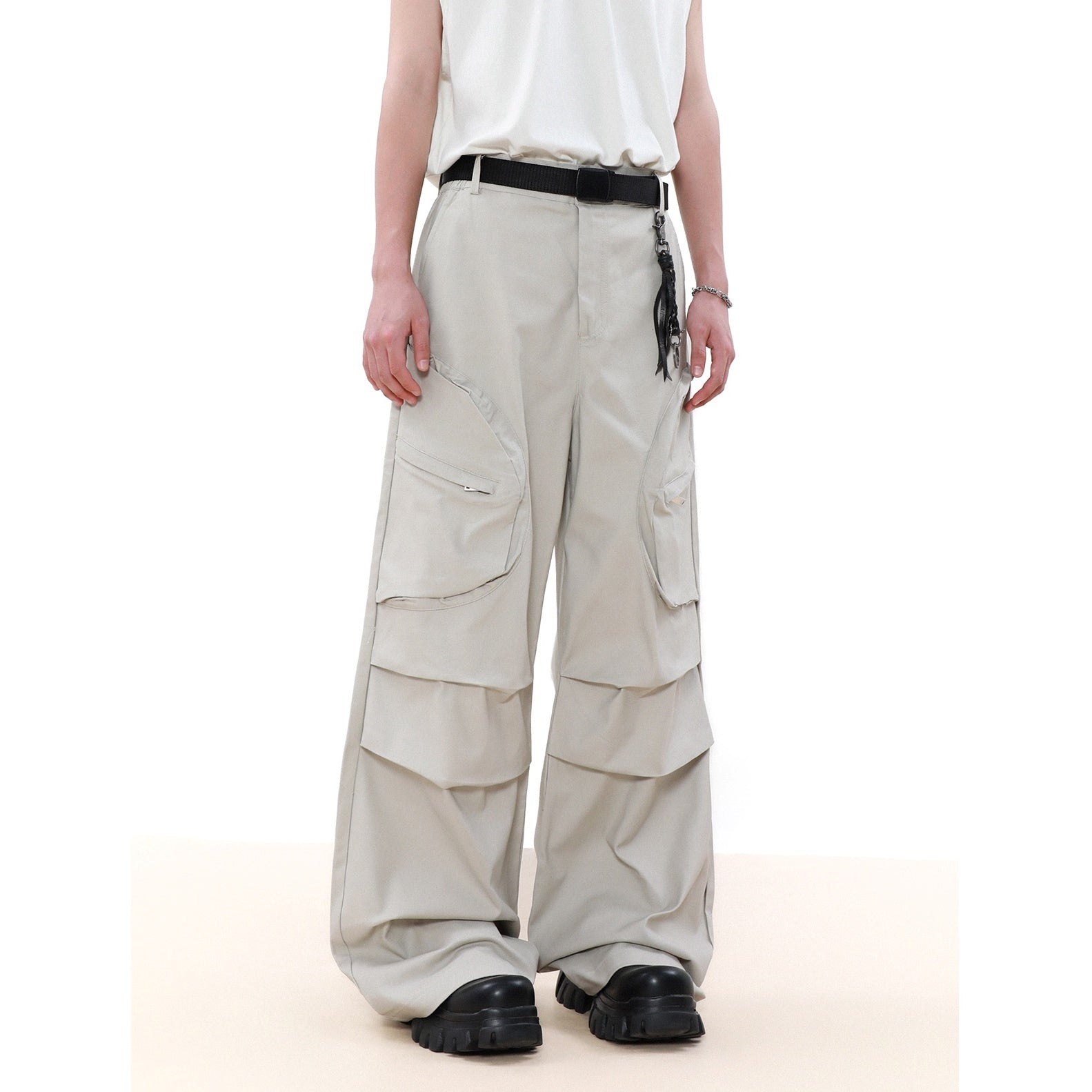 Pleated Design Loose Straight Multi-pocket Pants MR040