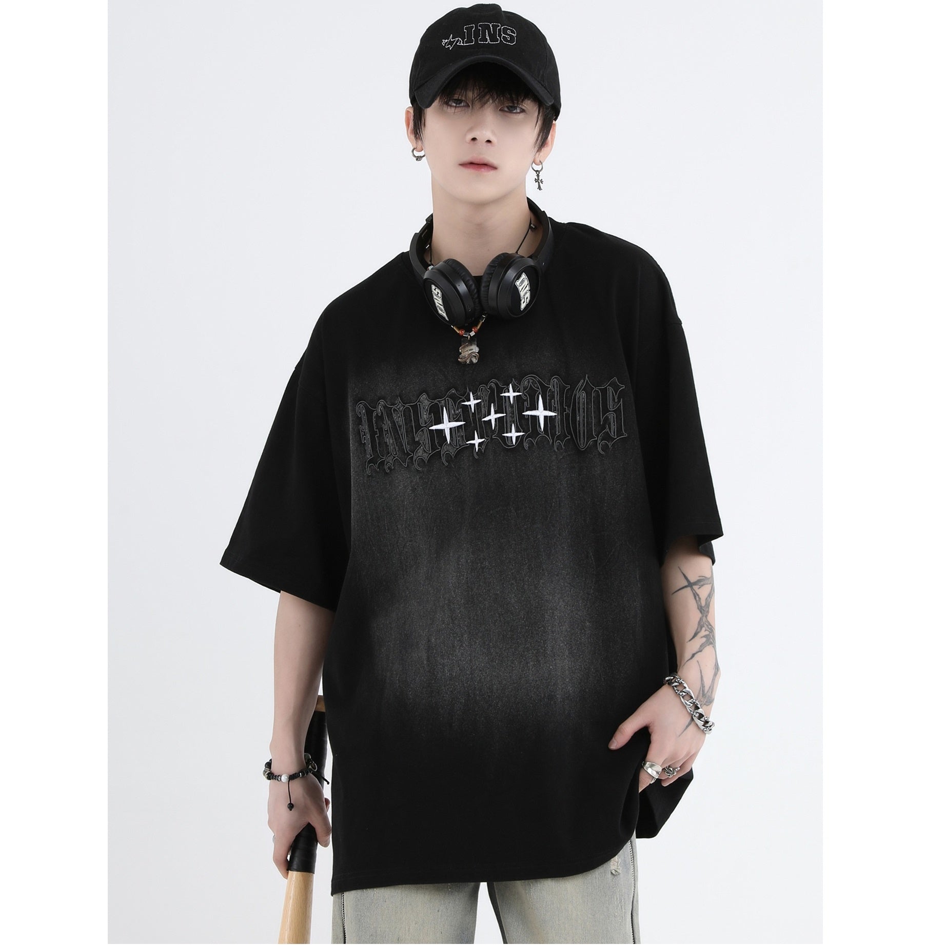 Gothic Font Embroidery LOGO Wash T-Shirt IN7011