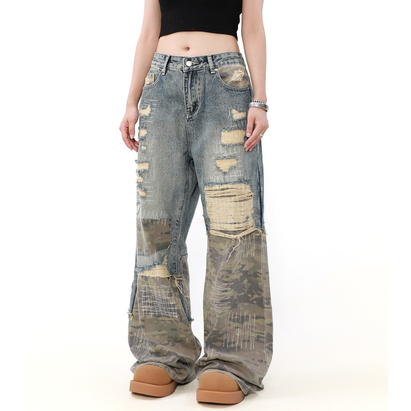 Splicing Camouflage Destruction Whiskering Jeans MB7206