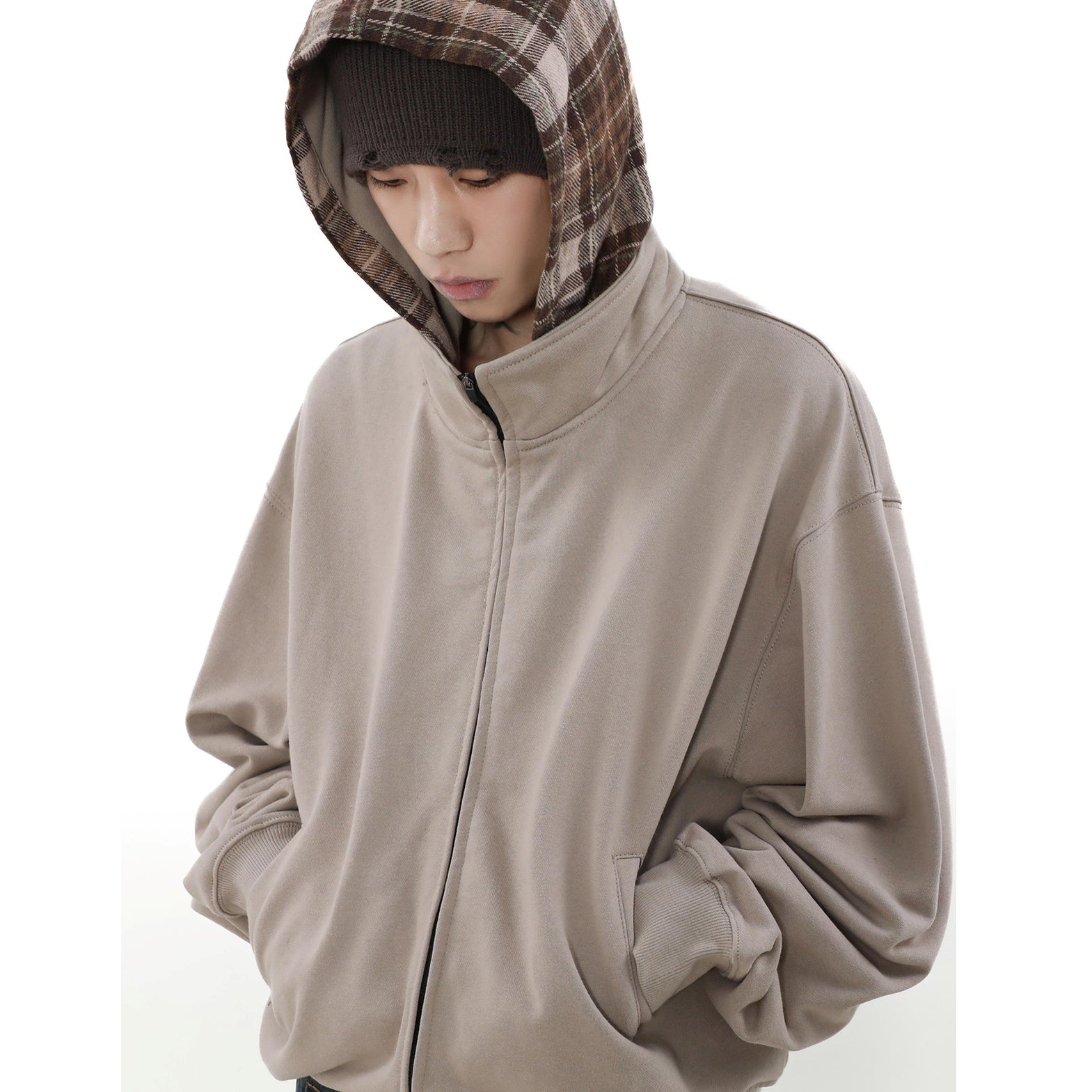 Check Hooded Stand Collar ZIP-Up Parka MB7234