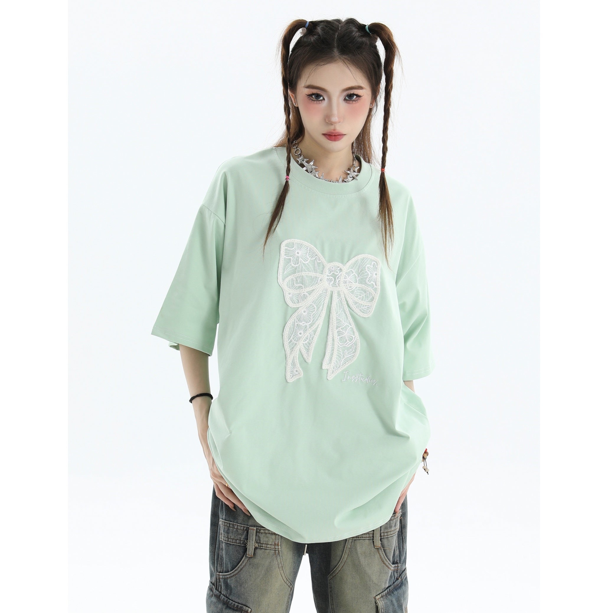 Lace Bow Short Sleeve Loose T-Shirt IN7034