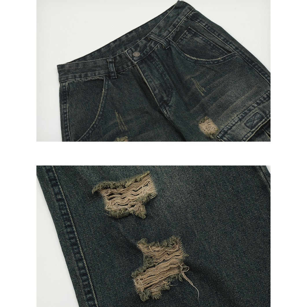 Raw Edge Stitched Ripped Cargo Jeans MB7041