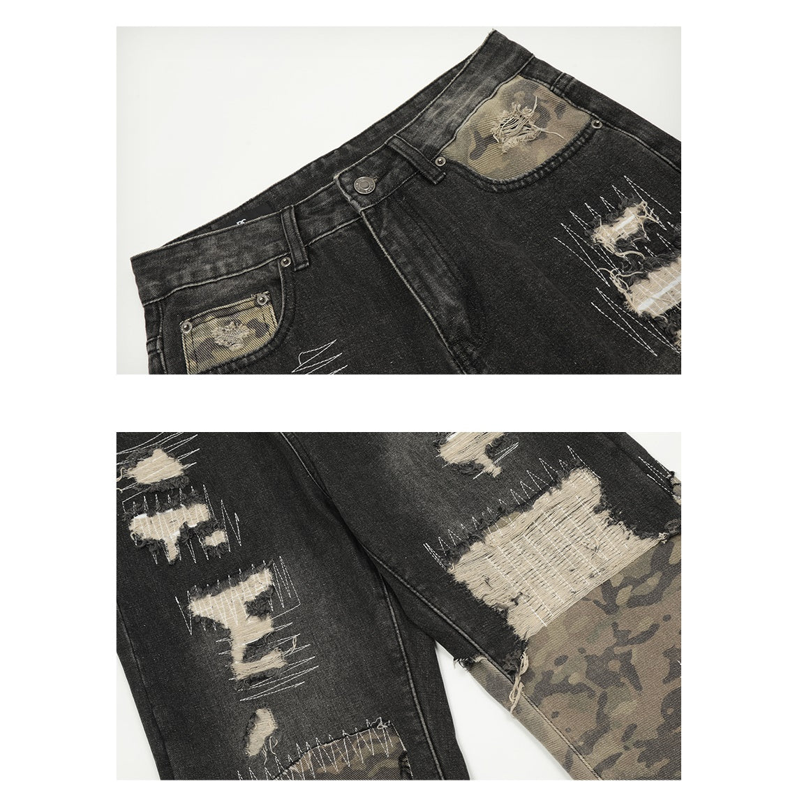 Camouflage Stitched Damage Loose Jeans MB7257