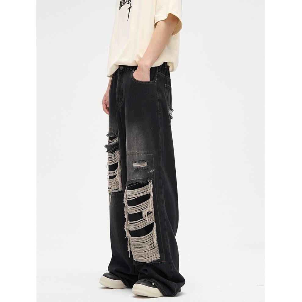 Street Patch Hole Design Loose Straight Jeans MB7003