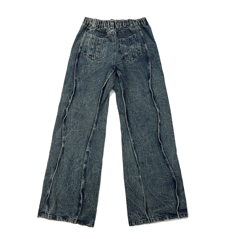 Three-dimensional Wave Stitch Loose Straight Crackle Jeans FT8002