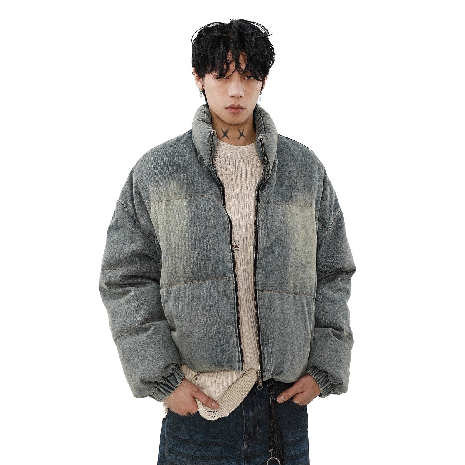 Distressed Washed Denim Down Jacket MB7295