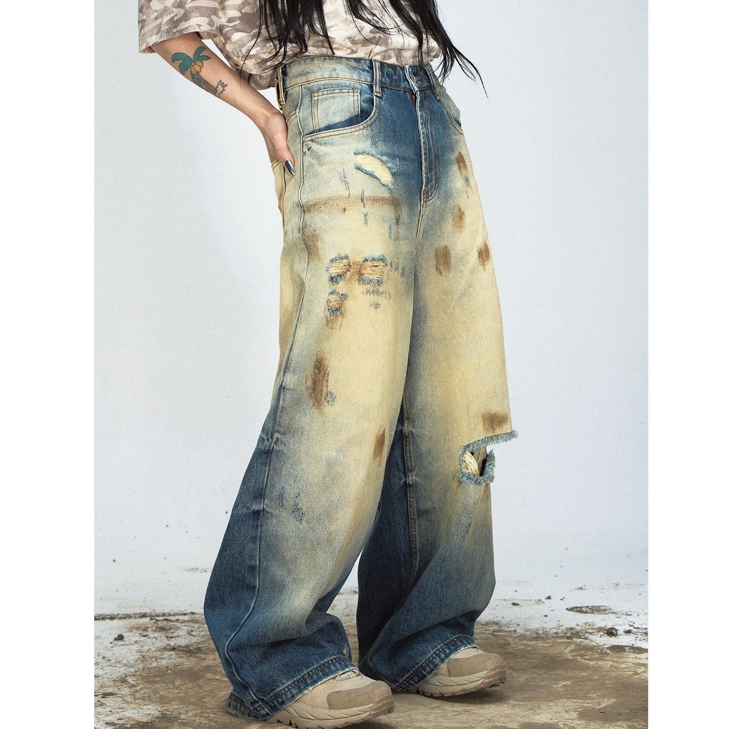 Yellow Mud Dyed Ripped Buggy Jeans MB7027