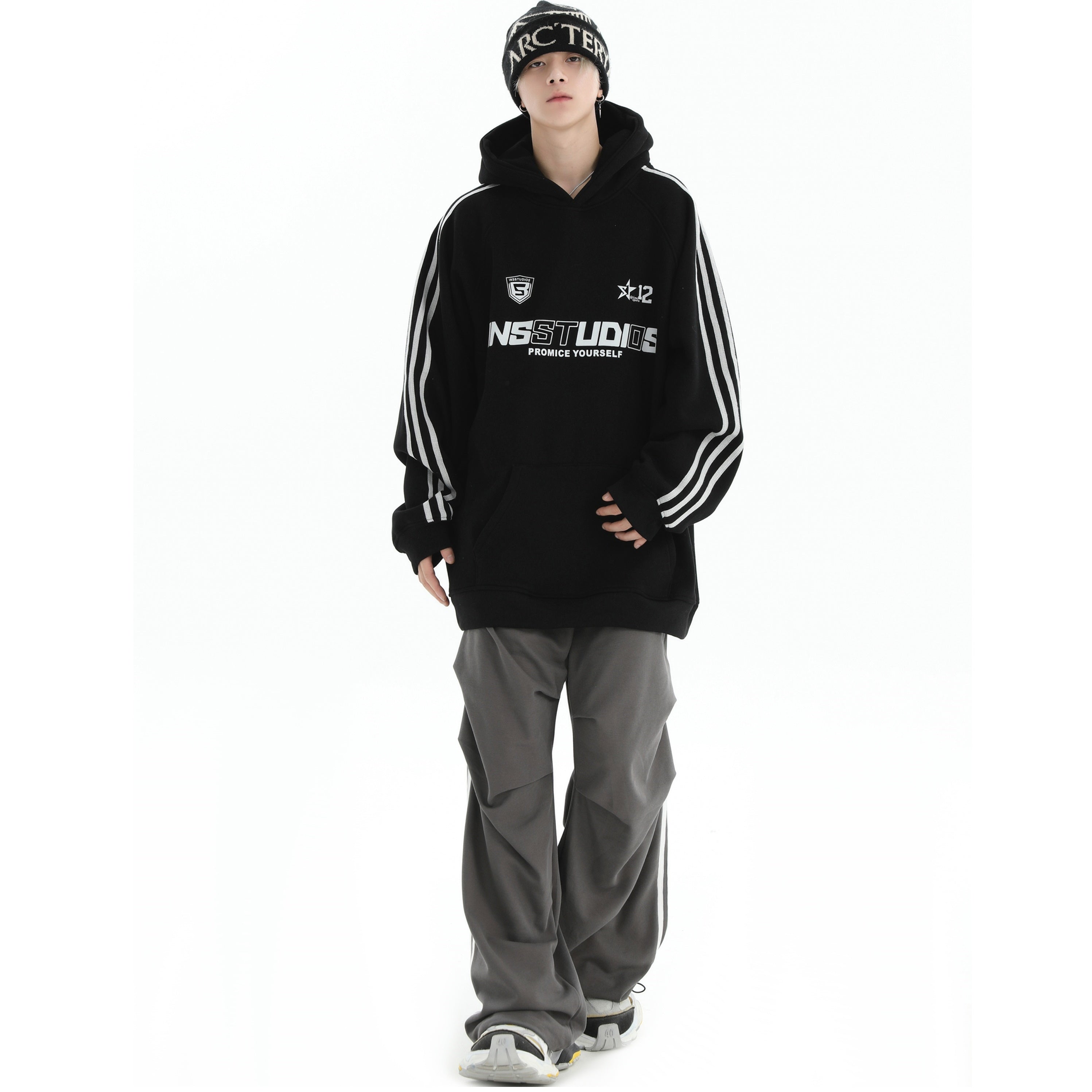 Pleated Three-Bar Loose Track Pants IN7002