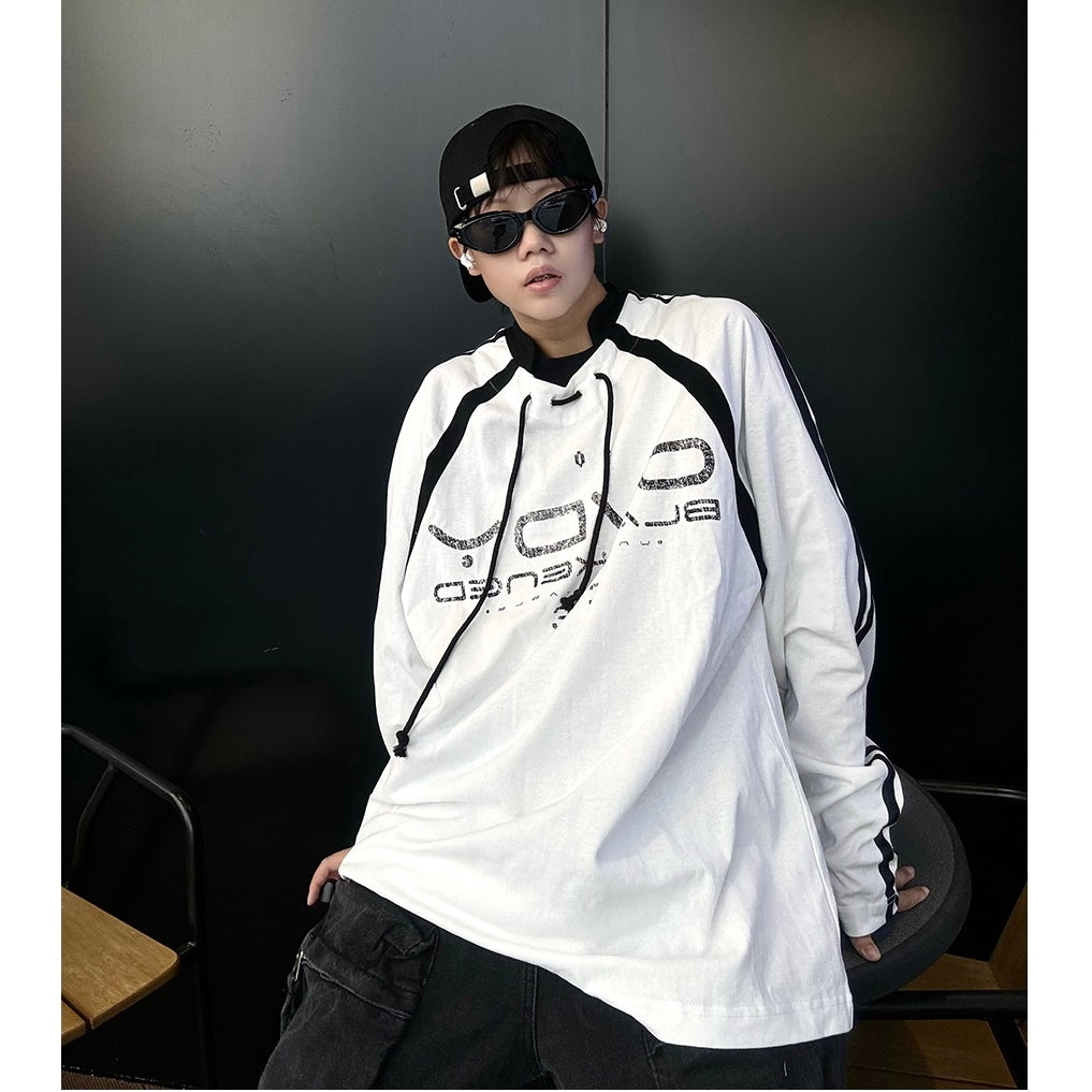 Drawstring Small Collar Long Sleeve T-shirt MB7136