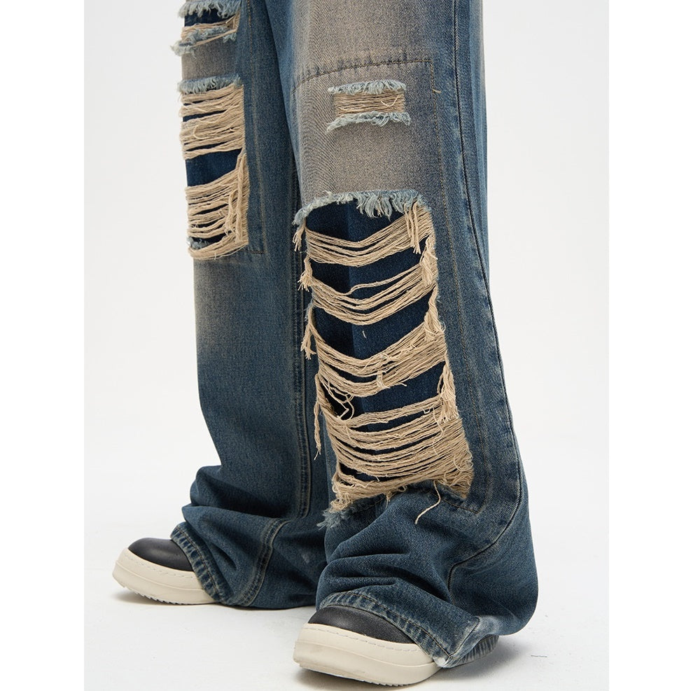 Street Patch Hole Design Loose Straight Jeans MB7003