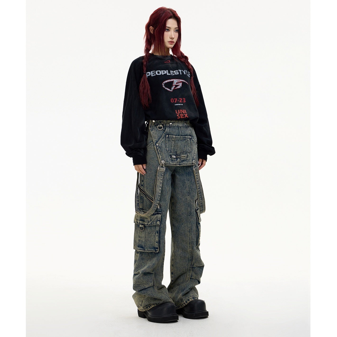 Detachable Strap Washed Cargo Jeans MB7030