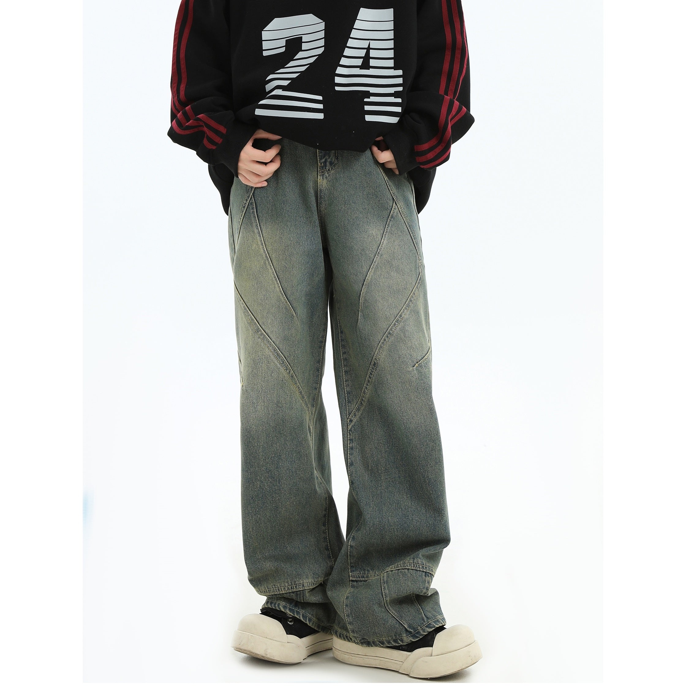 Stitched Washed Loose Straight Jeans IN7056