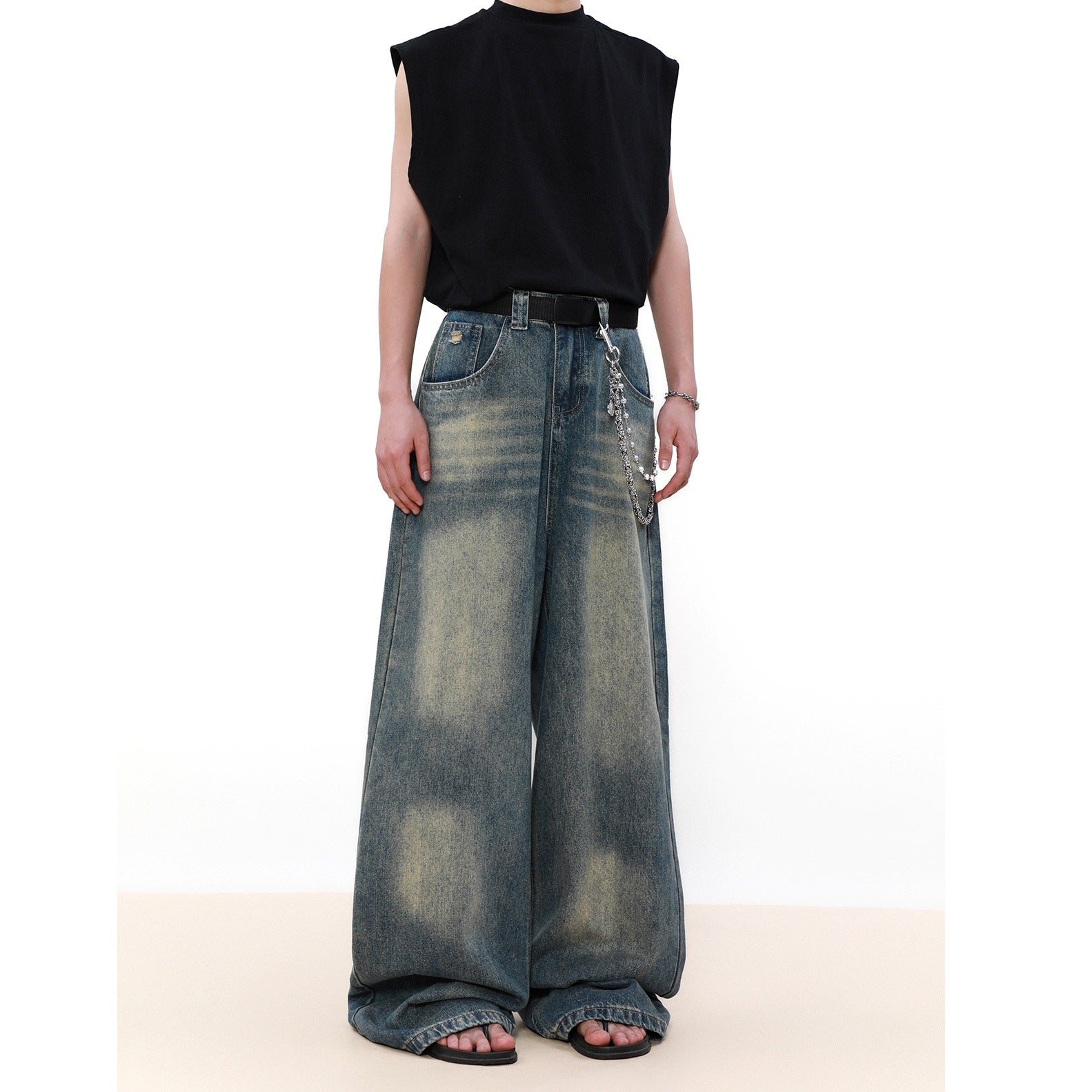 Retro Wash Distressed Wide-leg Jeans MR046