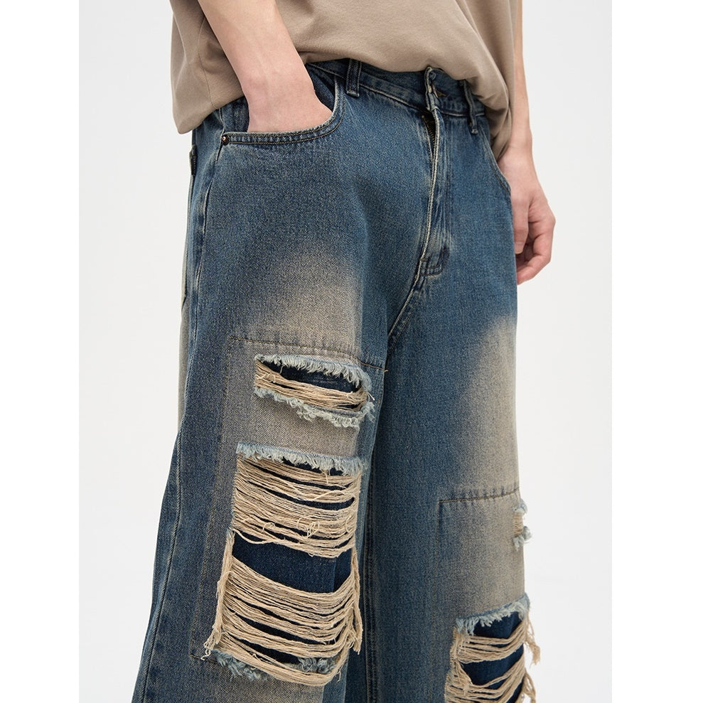 Street Patch Hole Design Loose Straight Jeans MB7003