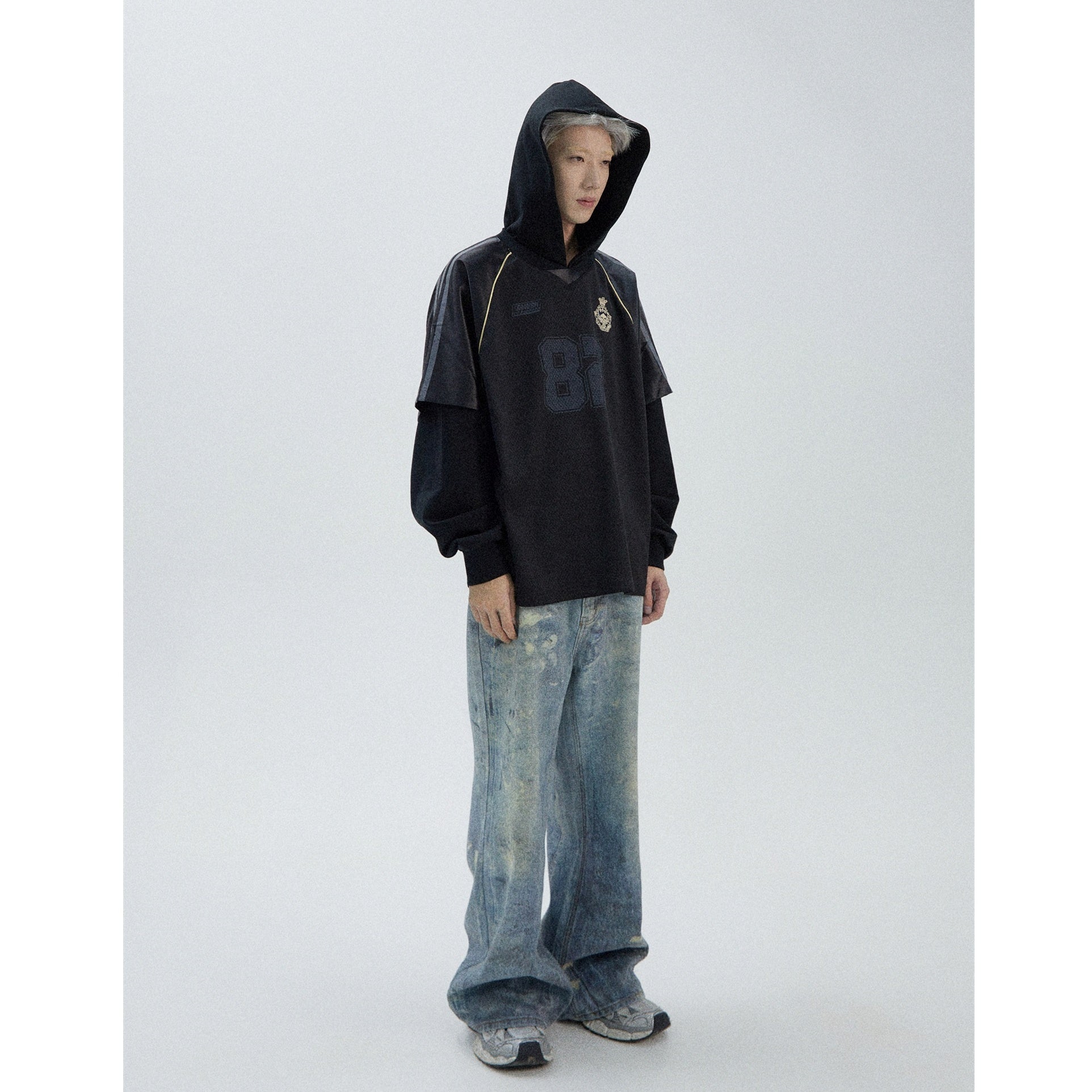 Football Letter Print Fake Layered Hooded Top MB7072