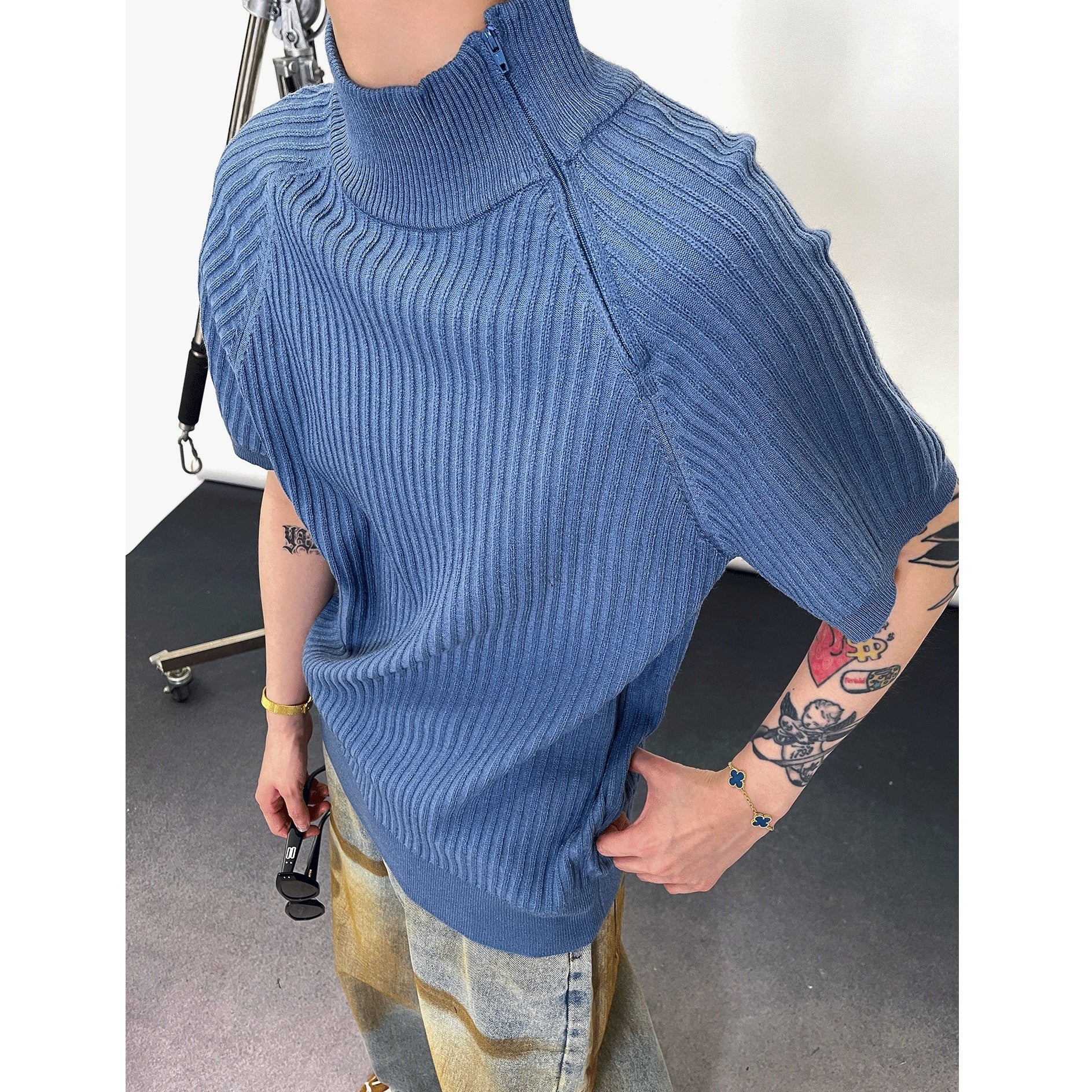 Bottle Neck Bias Zipper Design Knitted Top EAT144