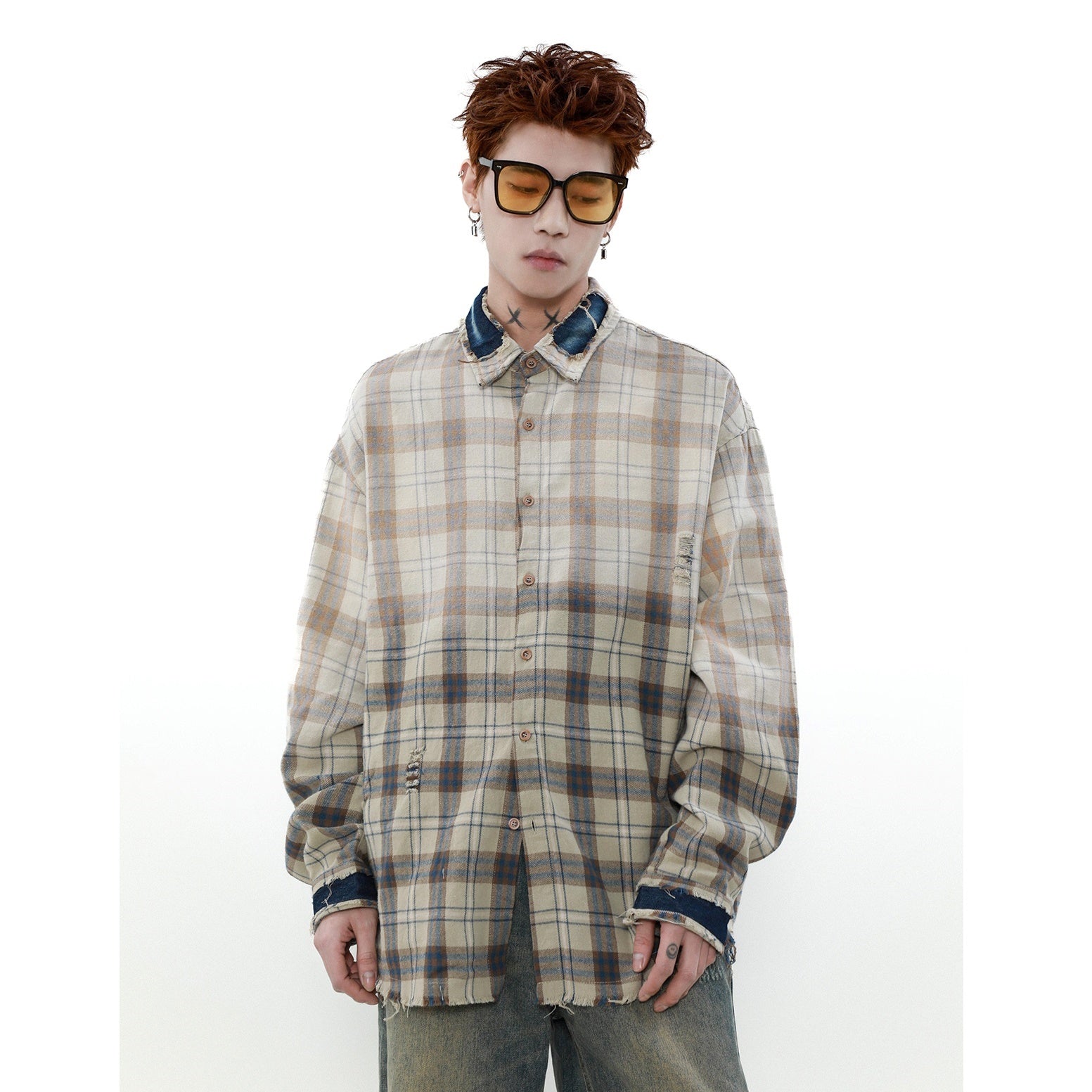 Gradient Plaid Long Sleeve Shirt Jacket MR013